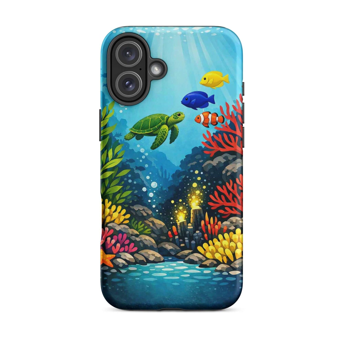 Phone case featuring vibrant sea turtle and coral reef design with colorful tropical fish under water.