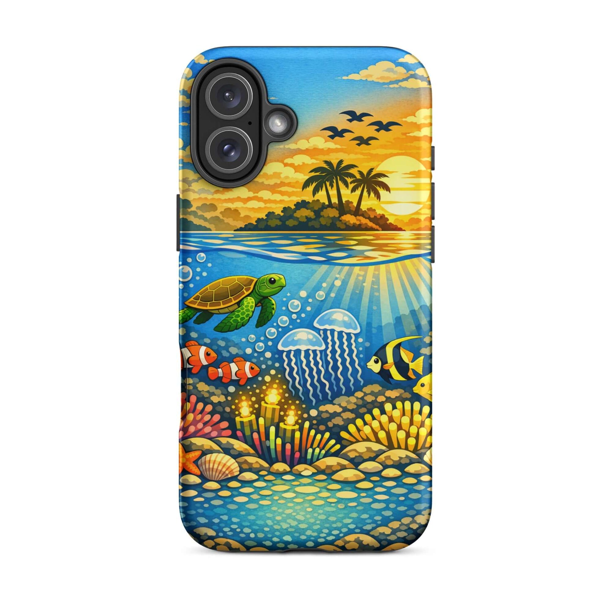 Phone Case featuring a tropical sunset and underwater reef with turtles, clownfish, jellyfish, and coral.