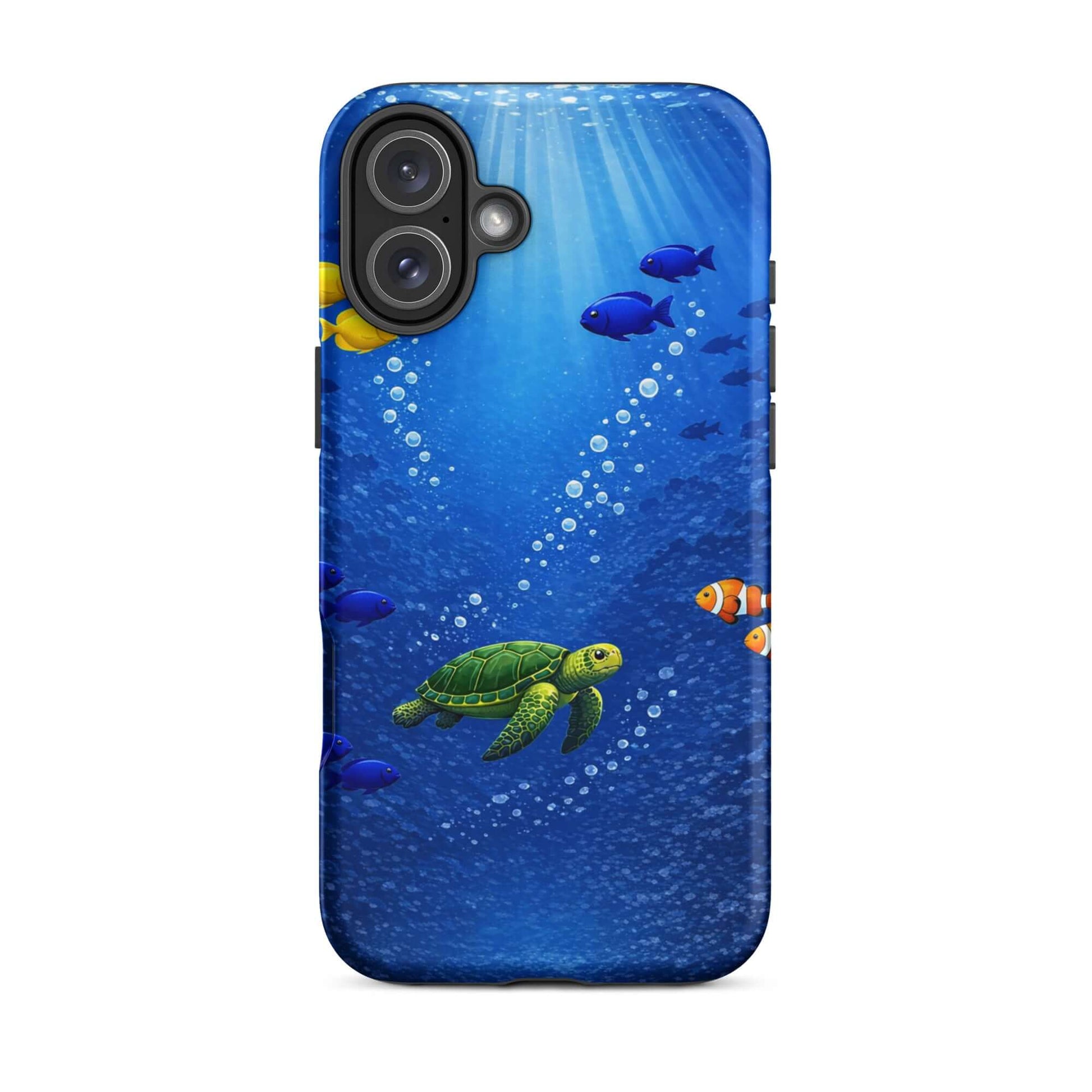 Phone Case featuring a sea turtle design swimming among tropical fish in a vibrant blue ocean.