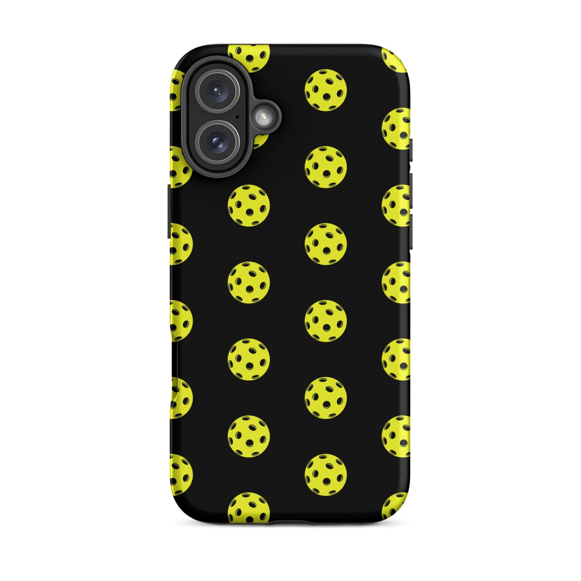 Phone Case for iPhone featuring a pickleball pattern in vibrant yellow on a black background.