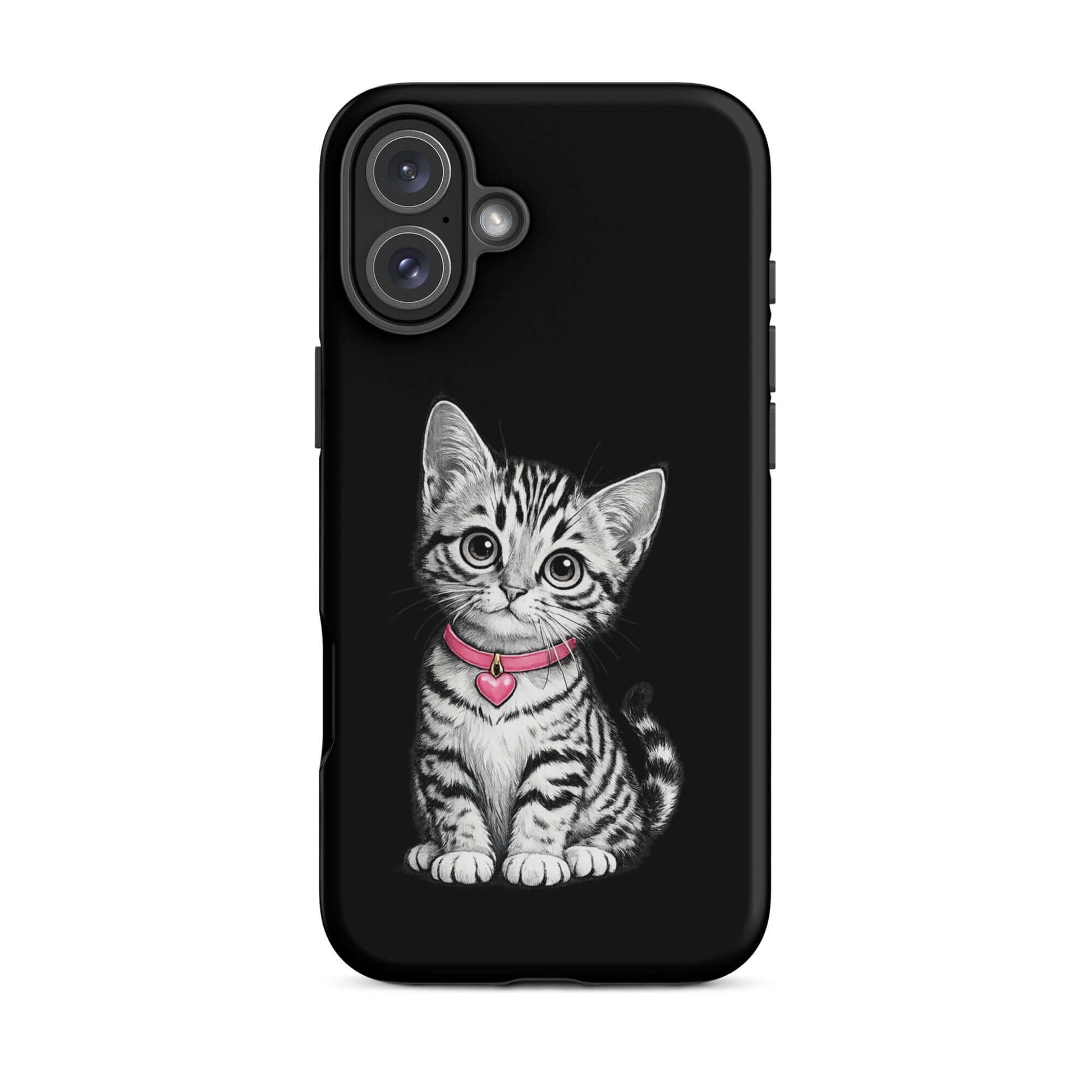 Phone Case featuring a pencil sketch kitten with pink heart charm, designed for iPhone with an artistic black and white kitten illustration.