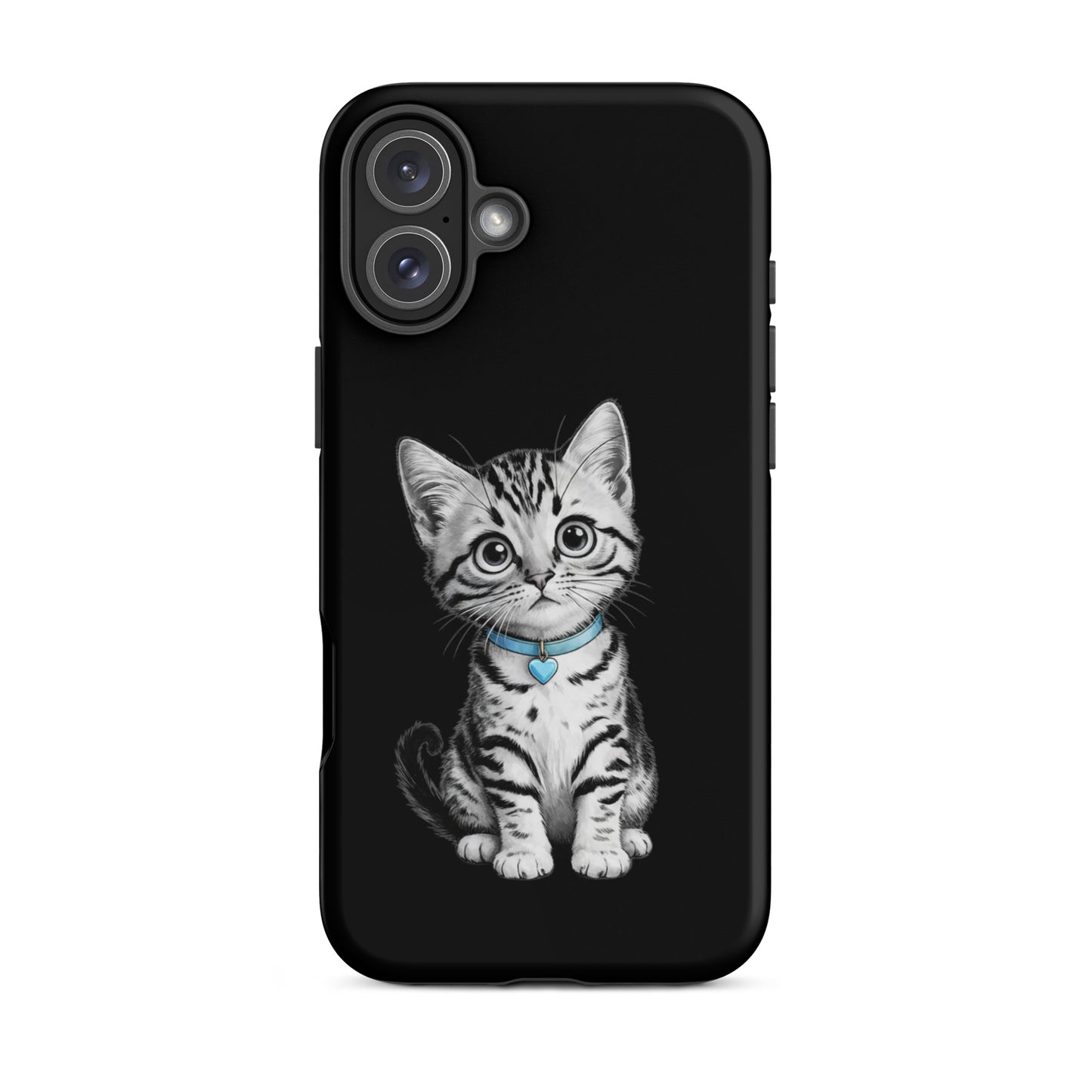 Phone Case for iPhone featuring kitten sketch with blue heart charm, black-and-white artistic design for stylish protection.