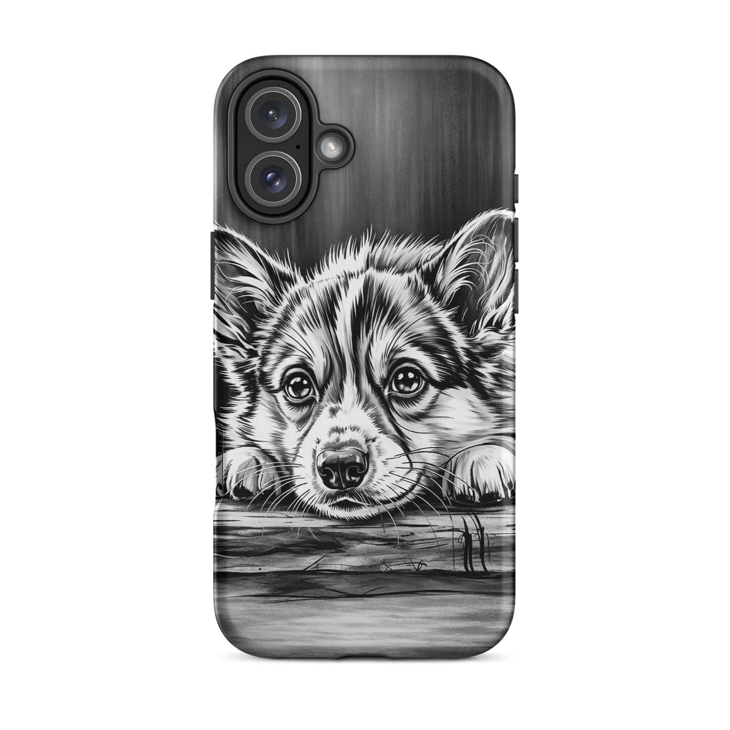 Phone Case for iPhone with elegant black-and-white puppy art illustration providing premium protection.