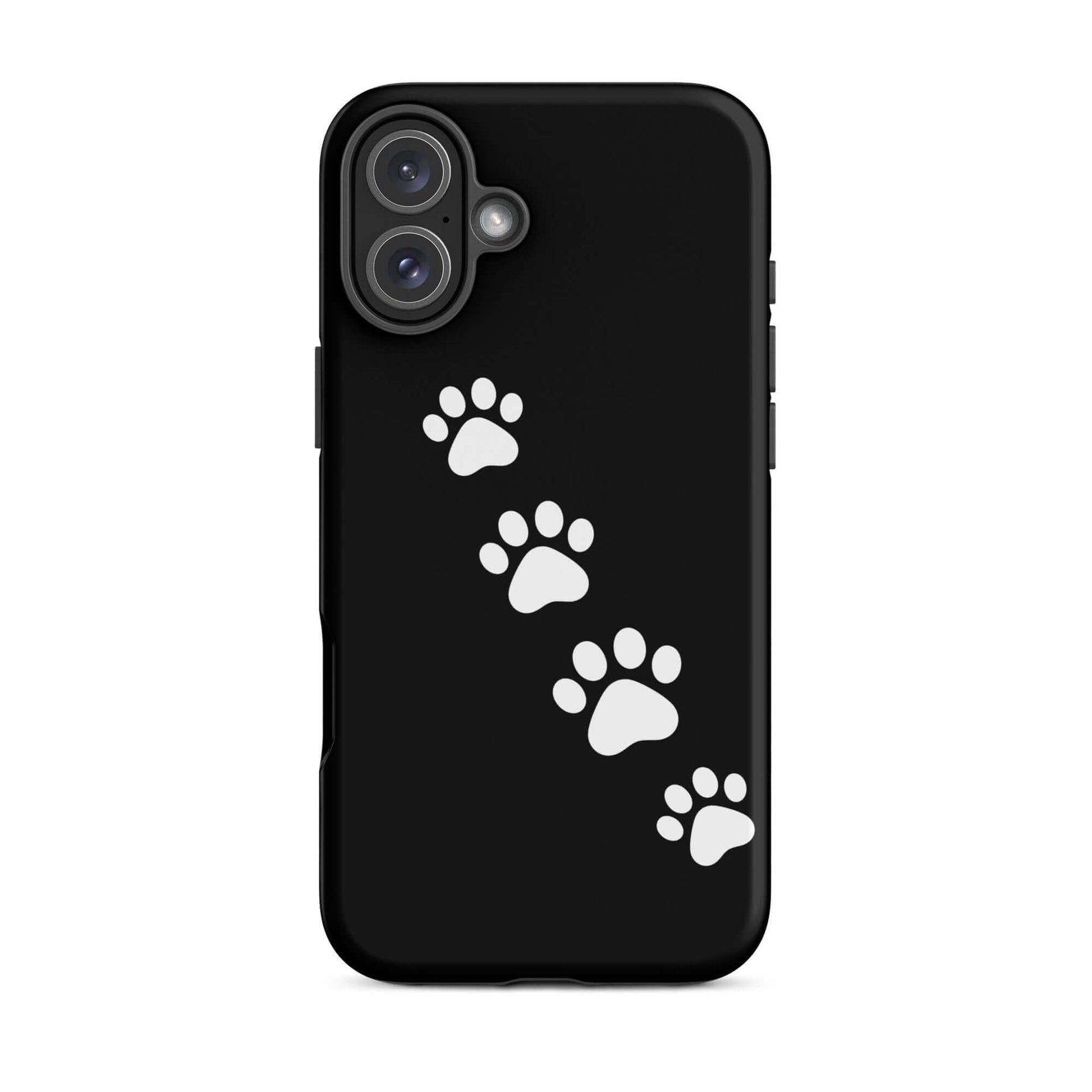 Phone case with white paw-print trail design on black background, ideal for playful pet lovers.