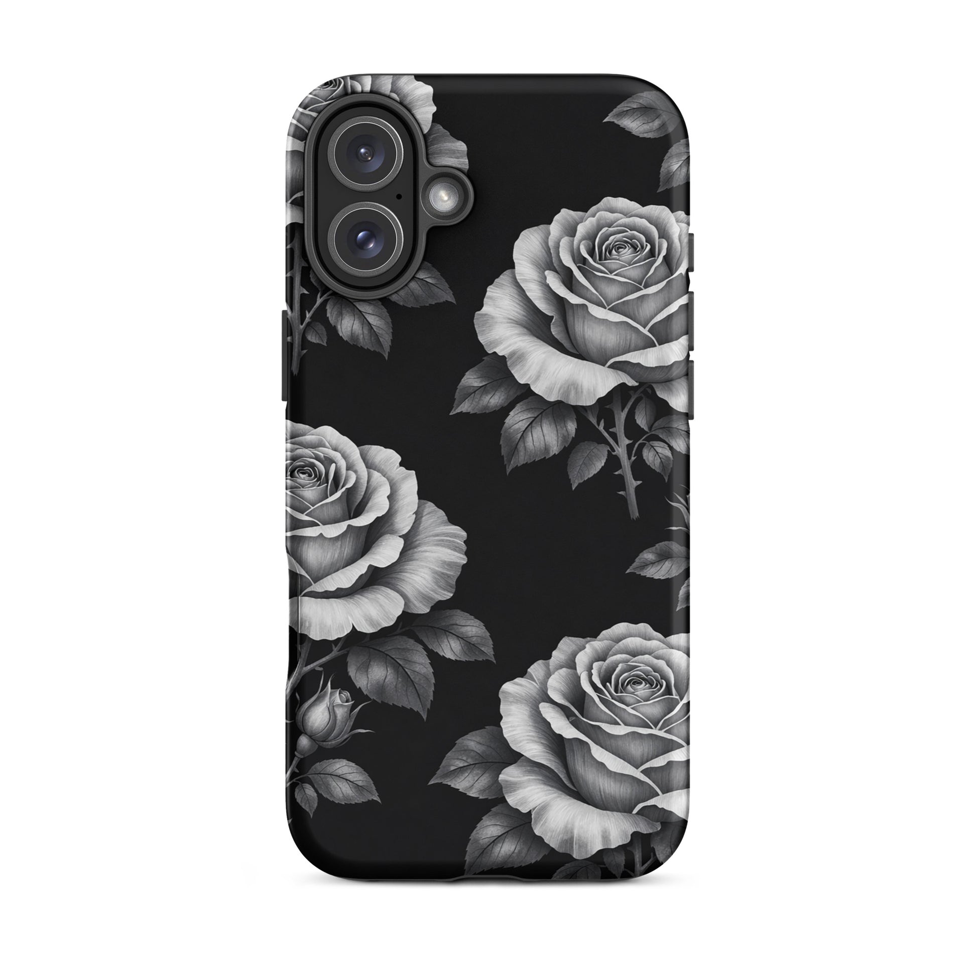 Phone Case with hand-sketched rose pattern on black background, Rose Garden Tough Case for iPhone featuring floral charm and elegance.