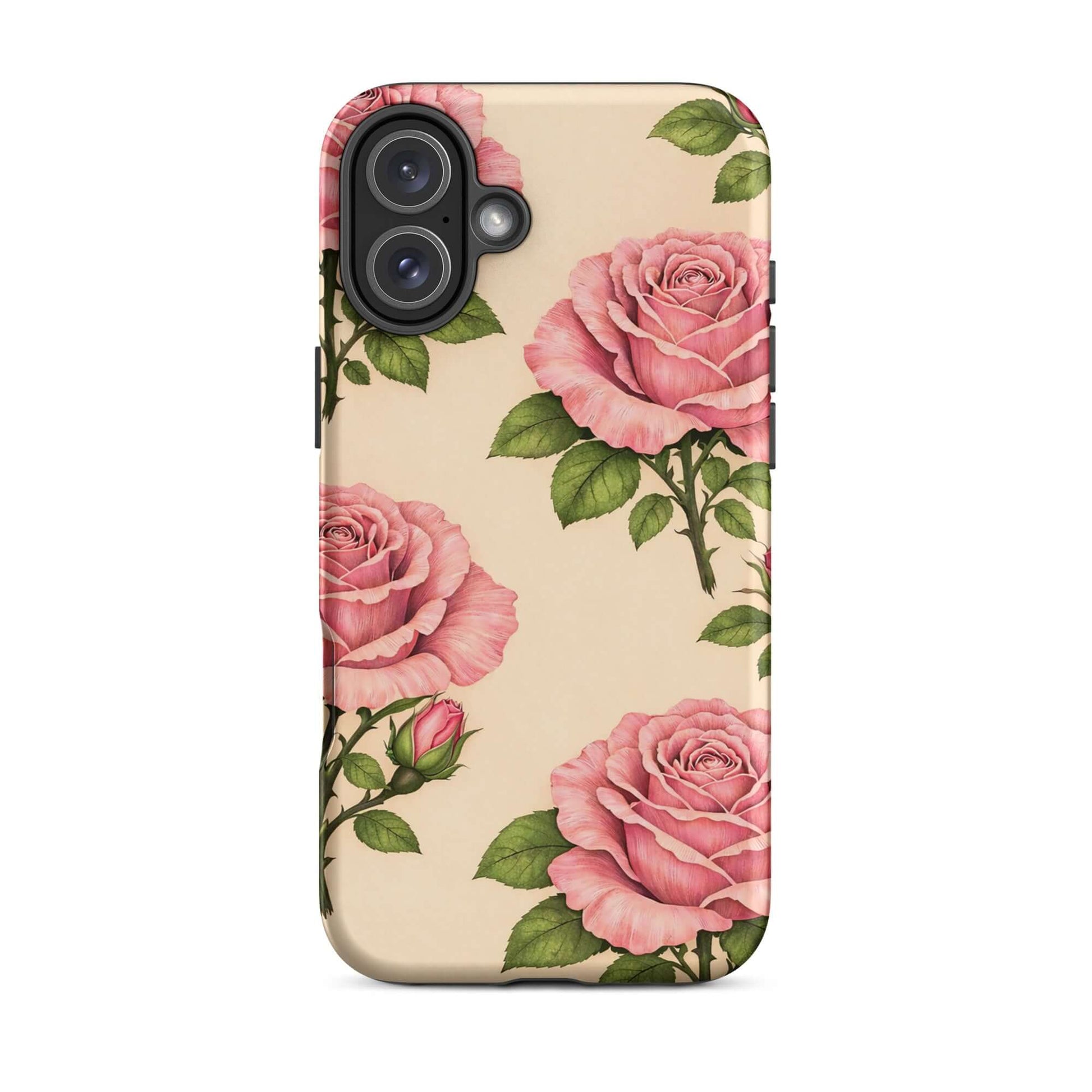 Phone Case for iPhone showing pink roses on warm cream background, adding timeless elegance and protection for your device.