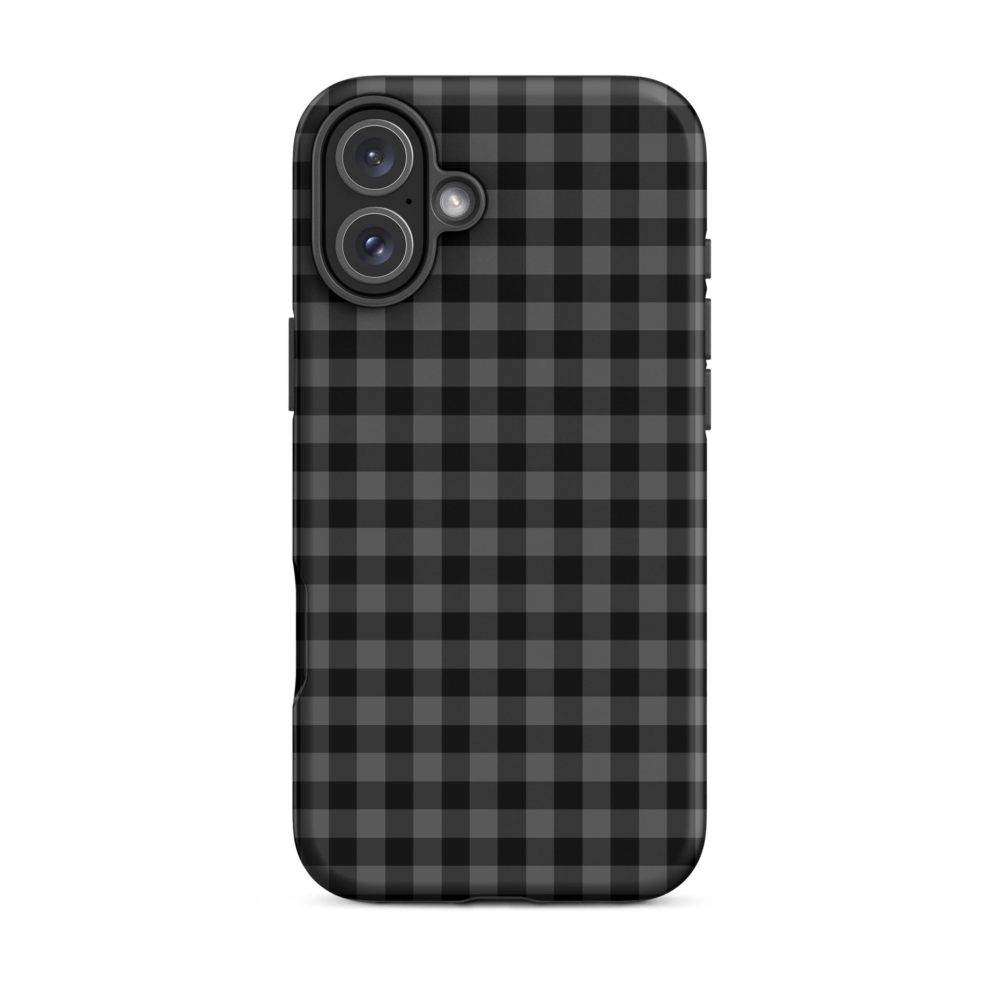 Phone Case for iPhone with black and charcoal gingham pattern offering style and protection.