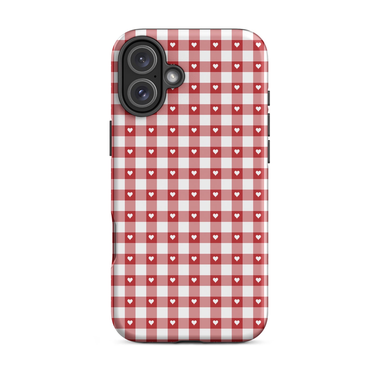 Phone Case with red and white gingham pattern and white hearts for iPhone, combining style and protection.