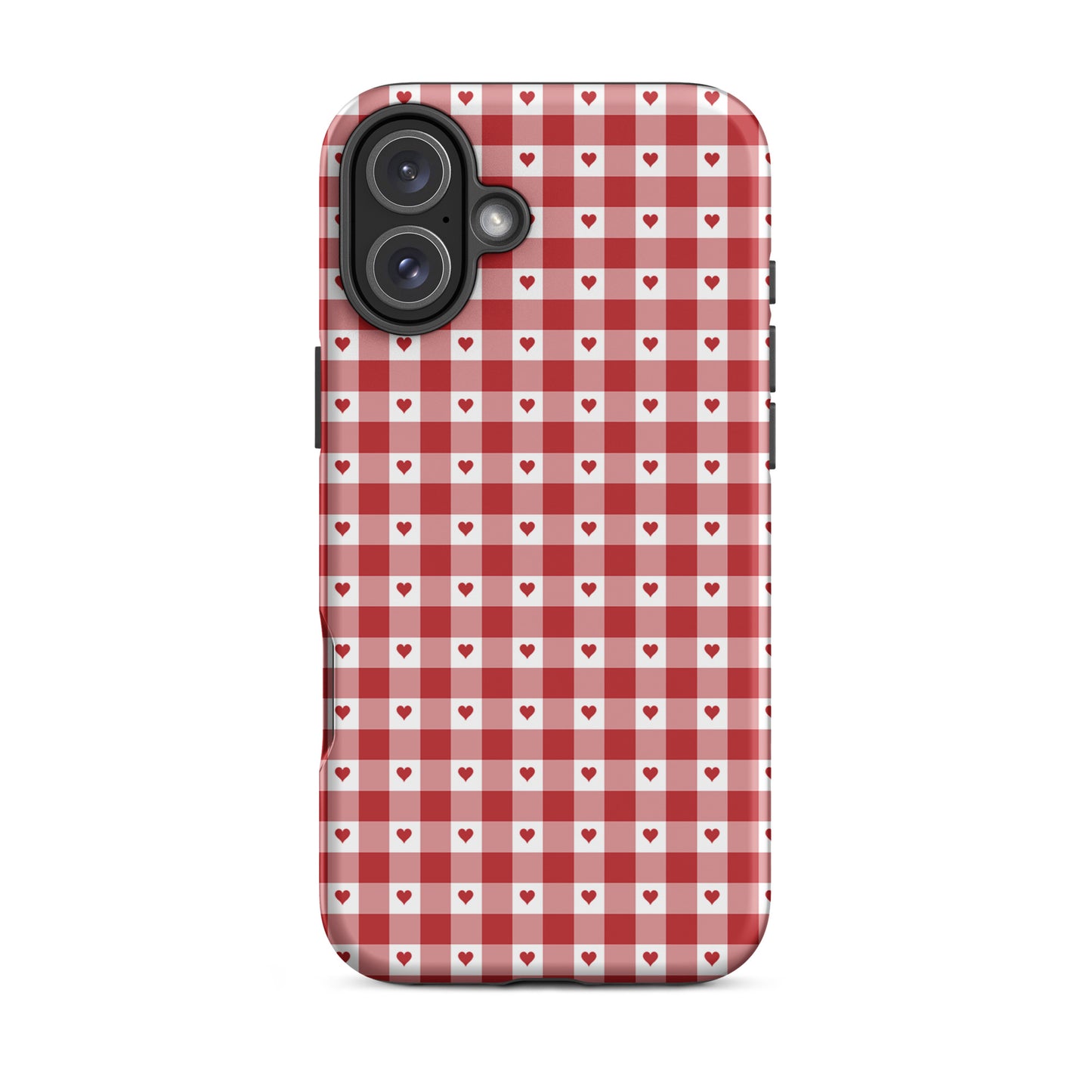 Phone Case with red gingham and heart pattern for iPhone, combining style and protection.