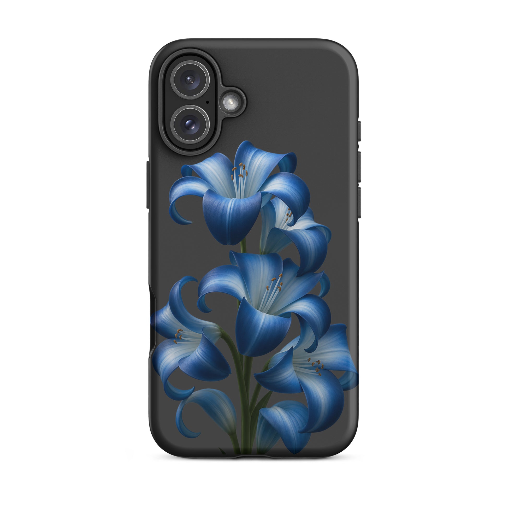 Phone Case for iPhone featuring blue lily bloom art on a dark background, providing a stylish and tough finish for protection.