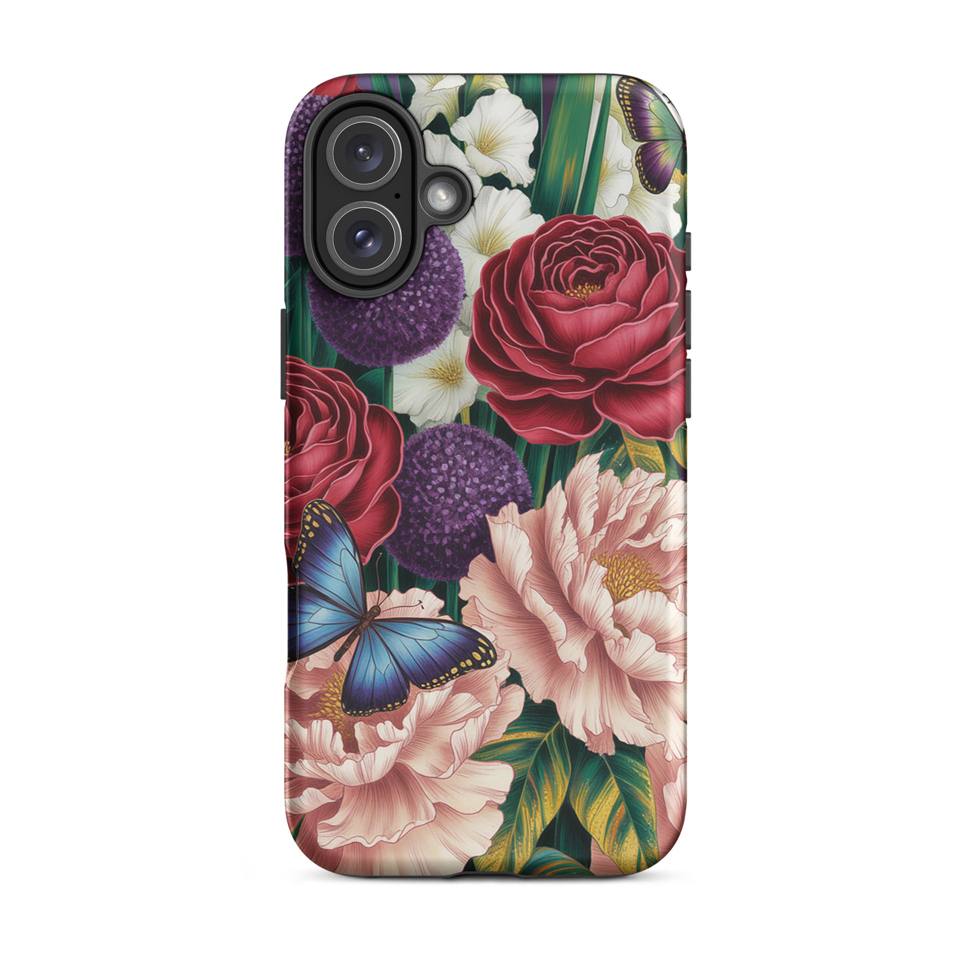 Phone Case featuring vivid roses, peonies, and butterflies in a botanical design for iPhone.