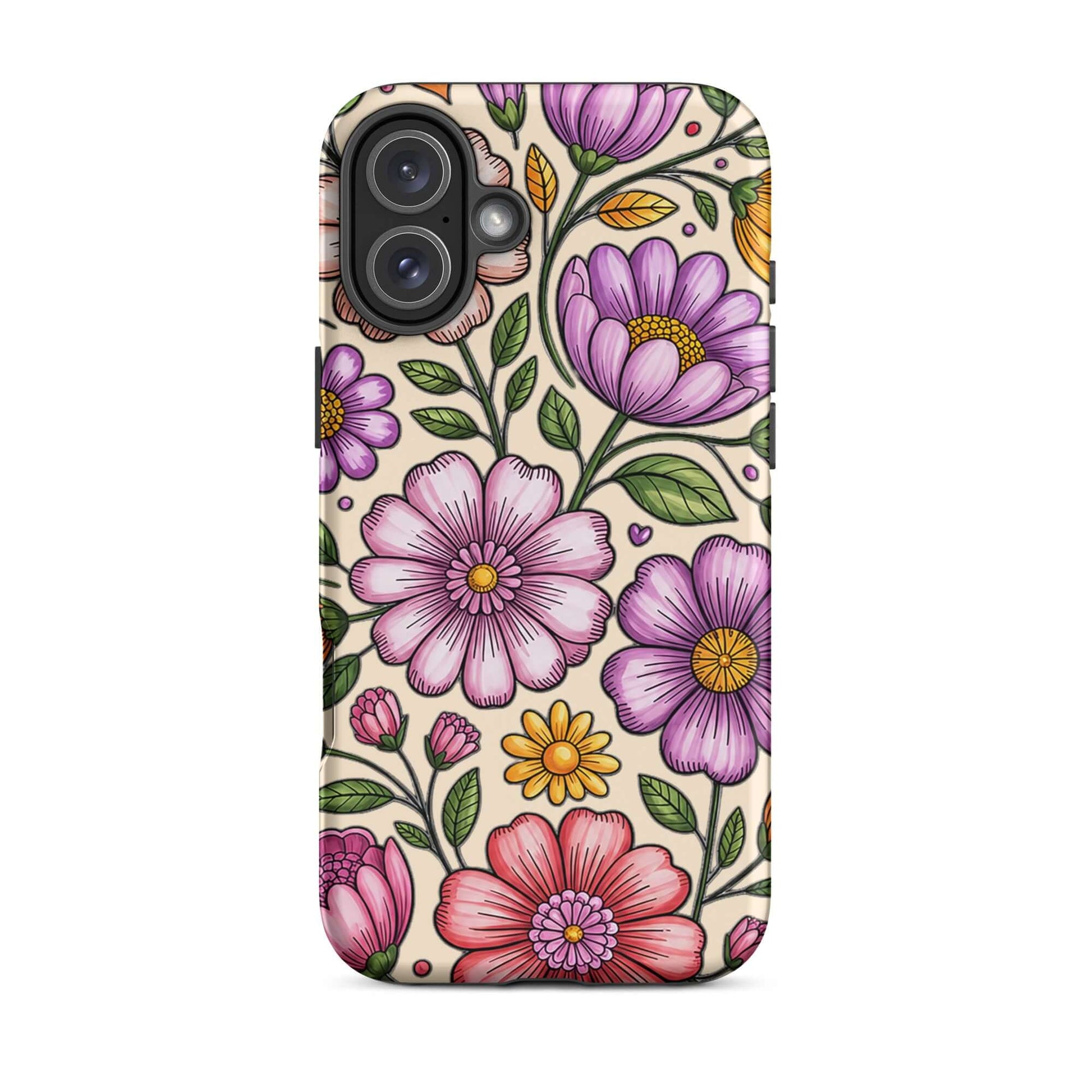 Phone Case for iPhone with pastel floral design featuring pink, peach, lavender, and yellow flowers against a dark background.