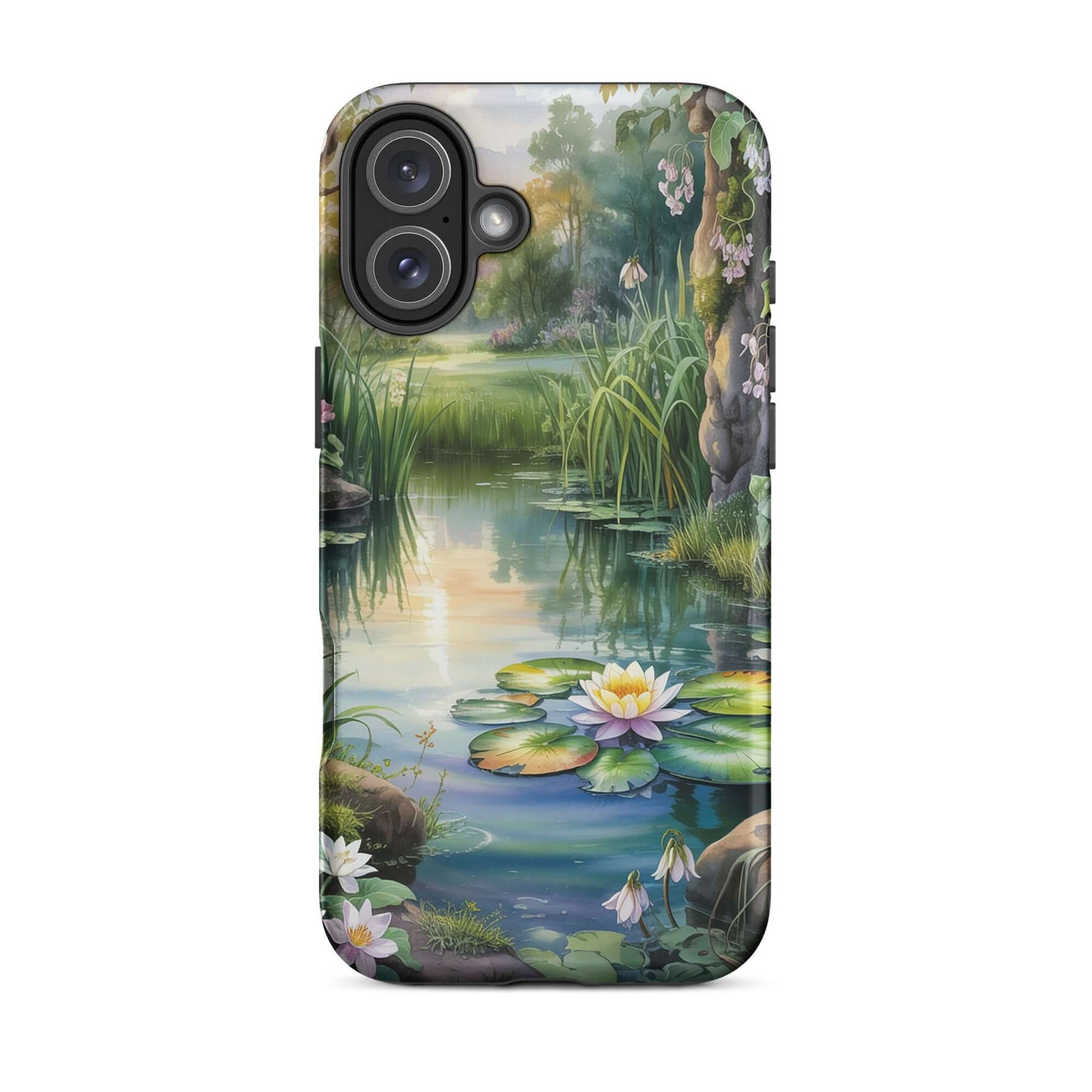 Phone Case for iPhone featuring an enchanted pond design with water lilies and sunset reflections, a storybook charm accessory.