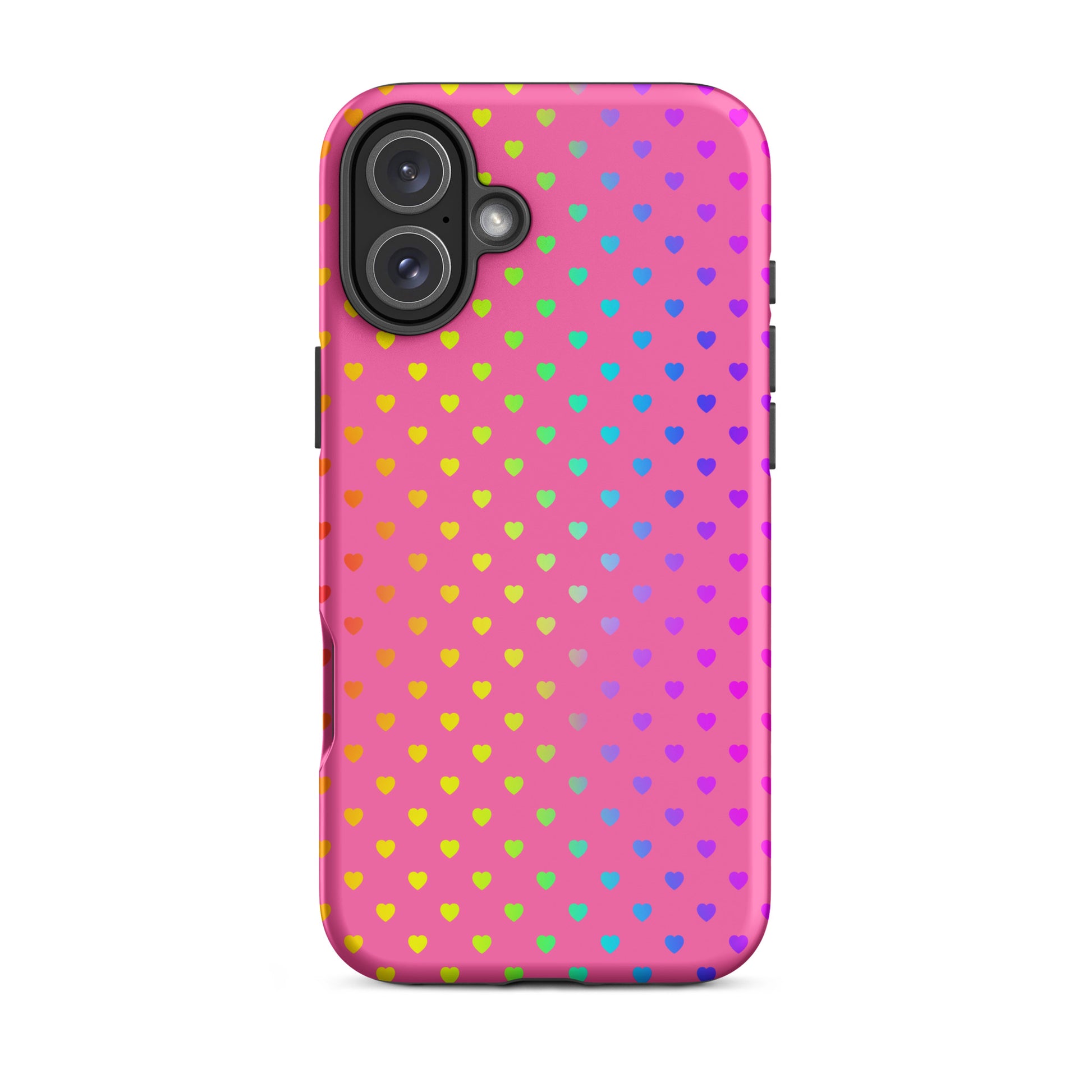 Phone Case for iPhone with cute rainbow hearts on a pink backdrop, offering colorful charm and protection.