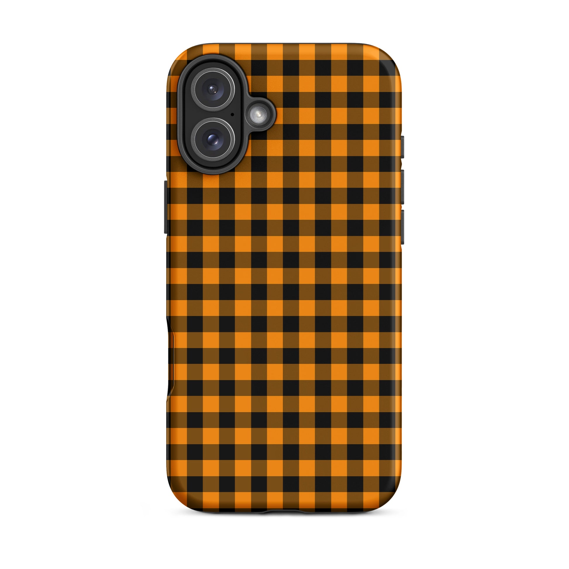 Black-and-orange gingham phone case for iPhone with autumn theme and durable design.