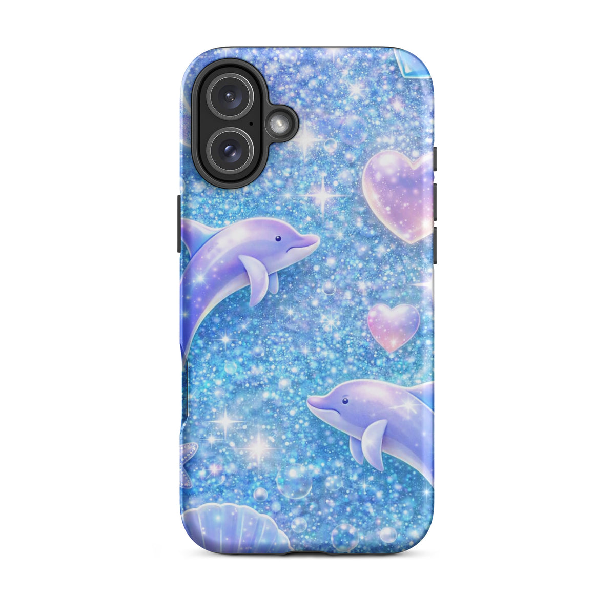 Phone Case for iPhone with Ocean Glitter design featuring dolphins, moons, and shells for a dreamy, sparkly look.
