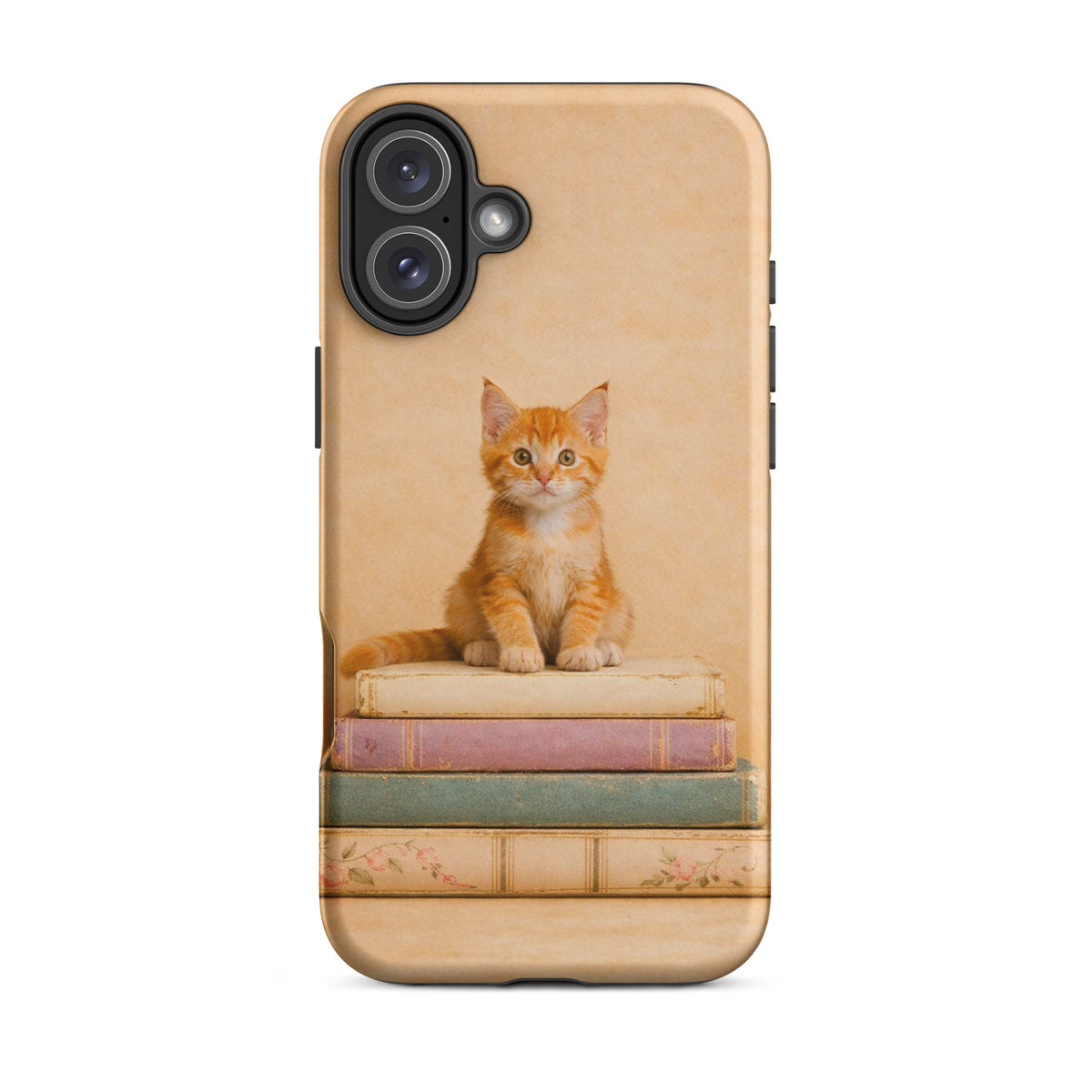 Phone Case for iPhone with cozy kitten and vintage books design, featuring orange tabby kitten on pastel book stack - Product xx219