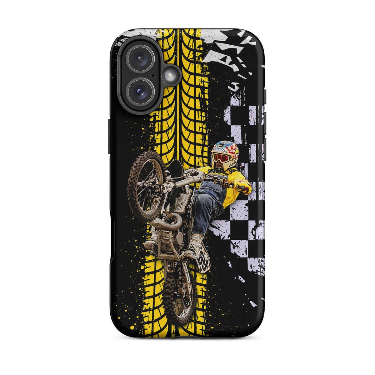 Phone Case for iPhone with Ronnie Mac air-wheelie design, featuring motocross style and yellow tire pattern.