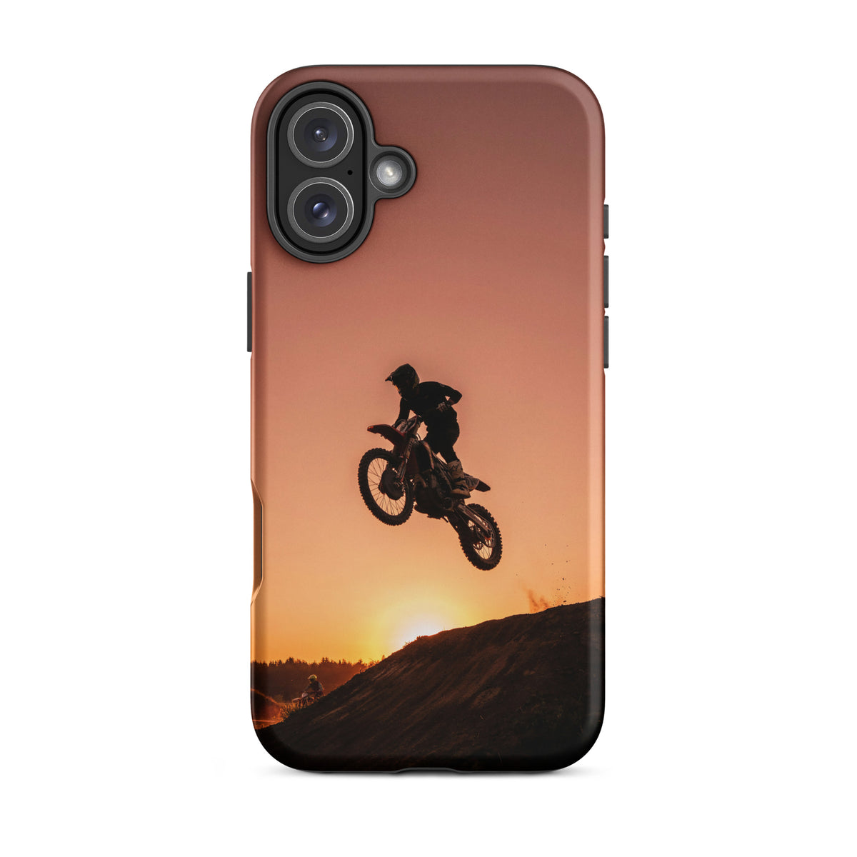 Phone Case for iPhone with motocross dirt bike and sunset design, featuring warm copper and burnt orange shades.
