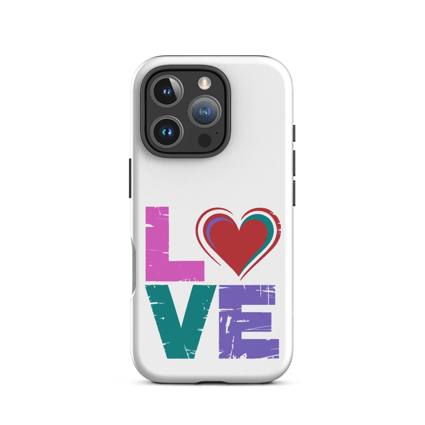 Love Tough Dual Layerd Case for iPhones featuring colorful 'LOVE' design with heart.