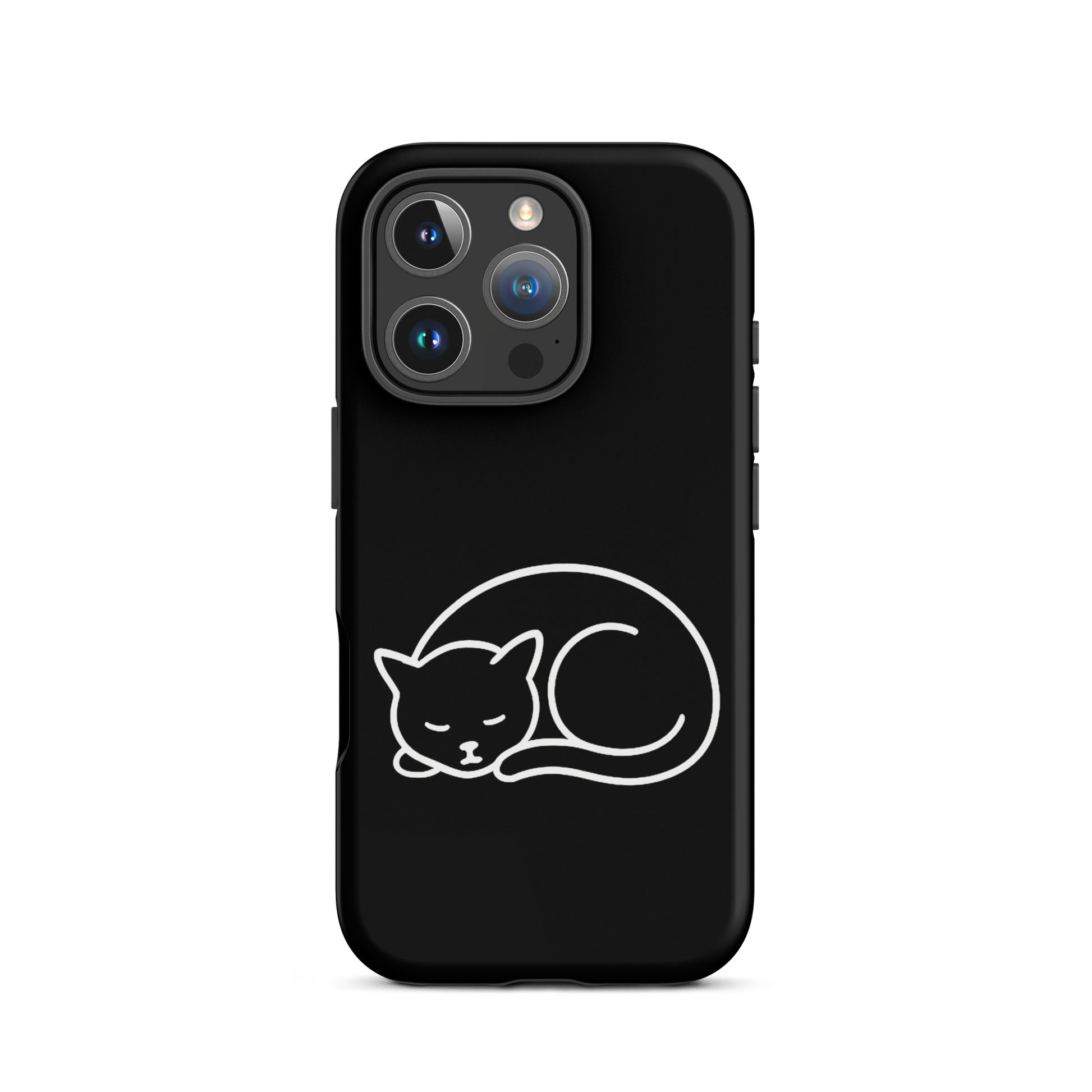 Phone case for iPhone featuring a minimalist curled-up cat design on a sleek black background.