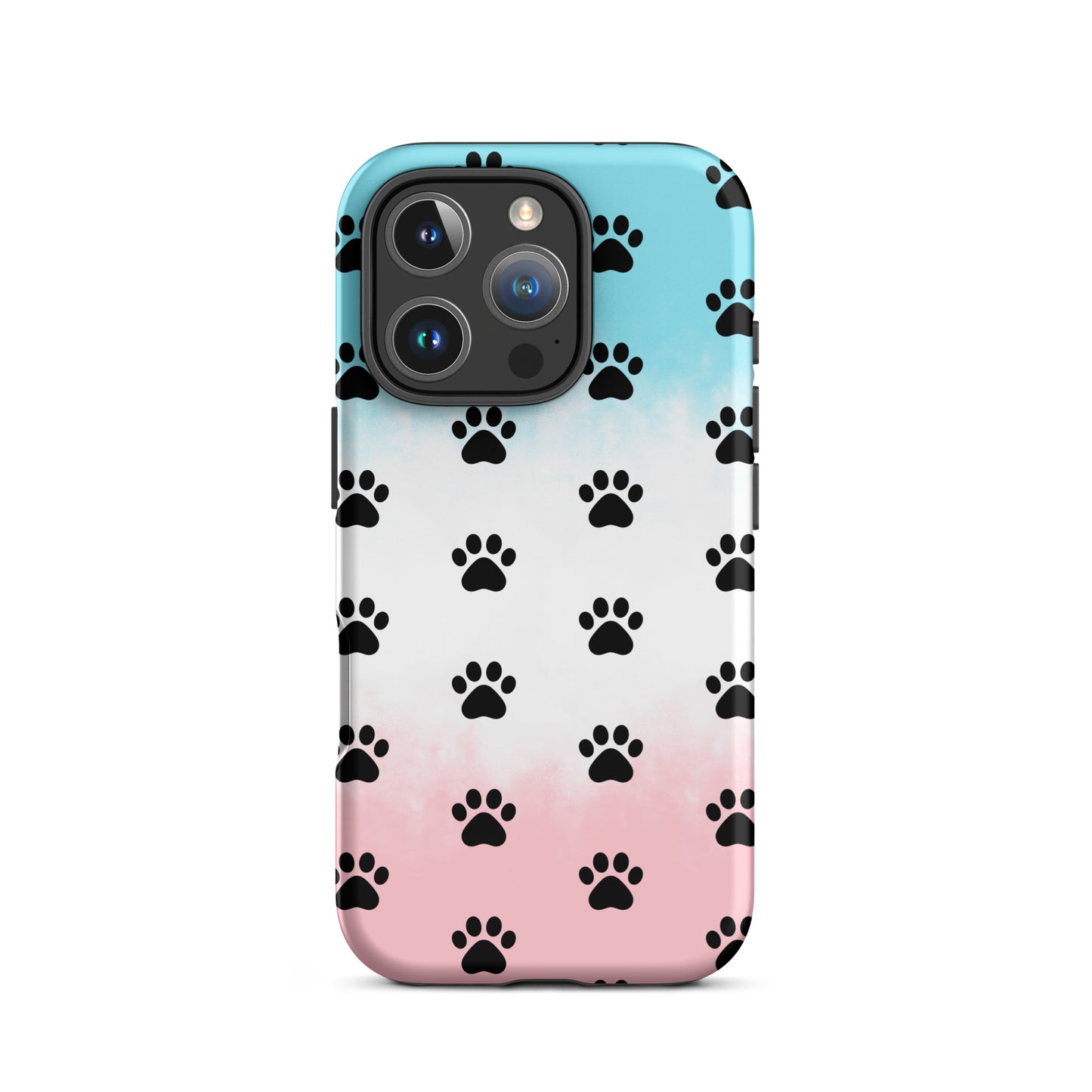 Phone Case for iPhone featuring a playful paw print pattern in black against a gradient background.