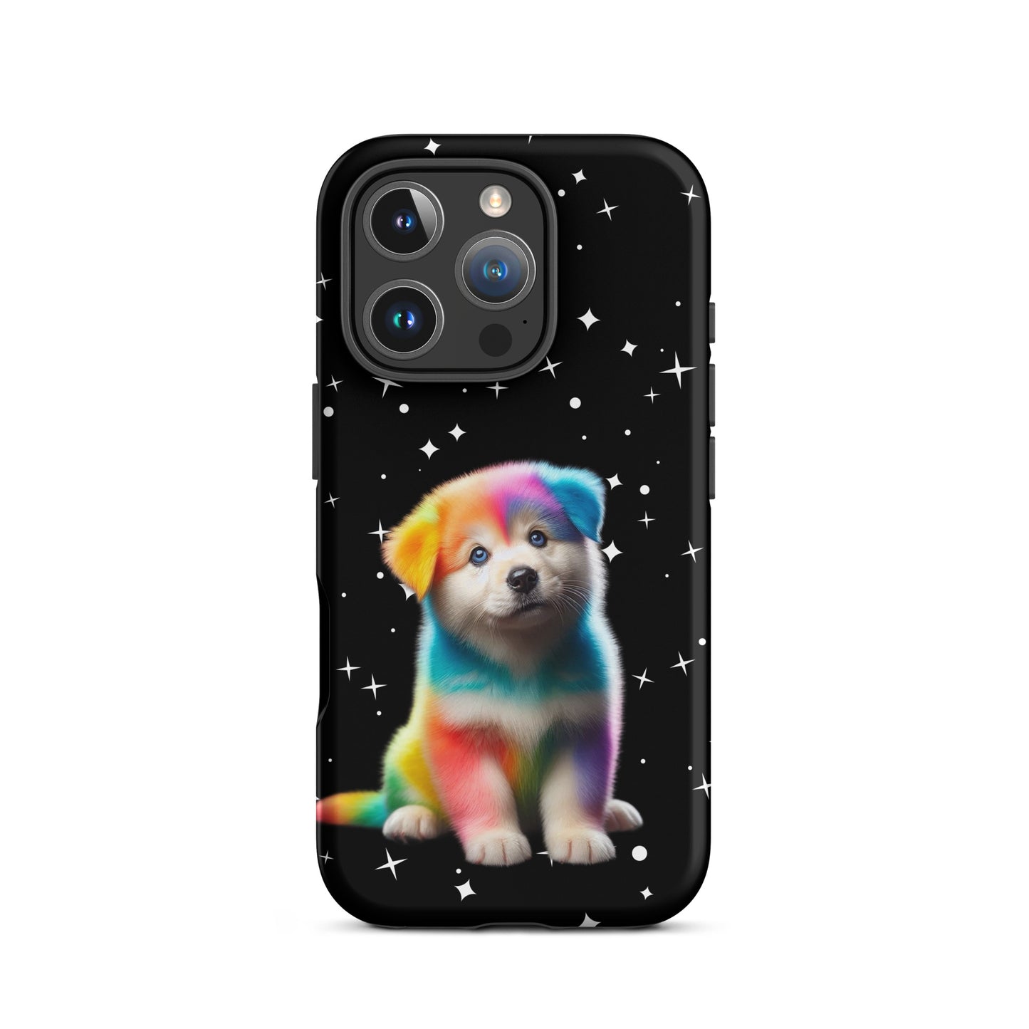 Phone Case featuring a colorful rainbow puppy on a starry night background, blending art and protection.