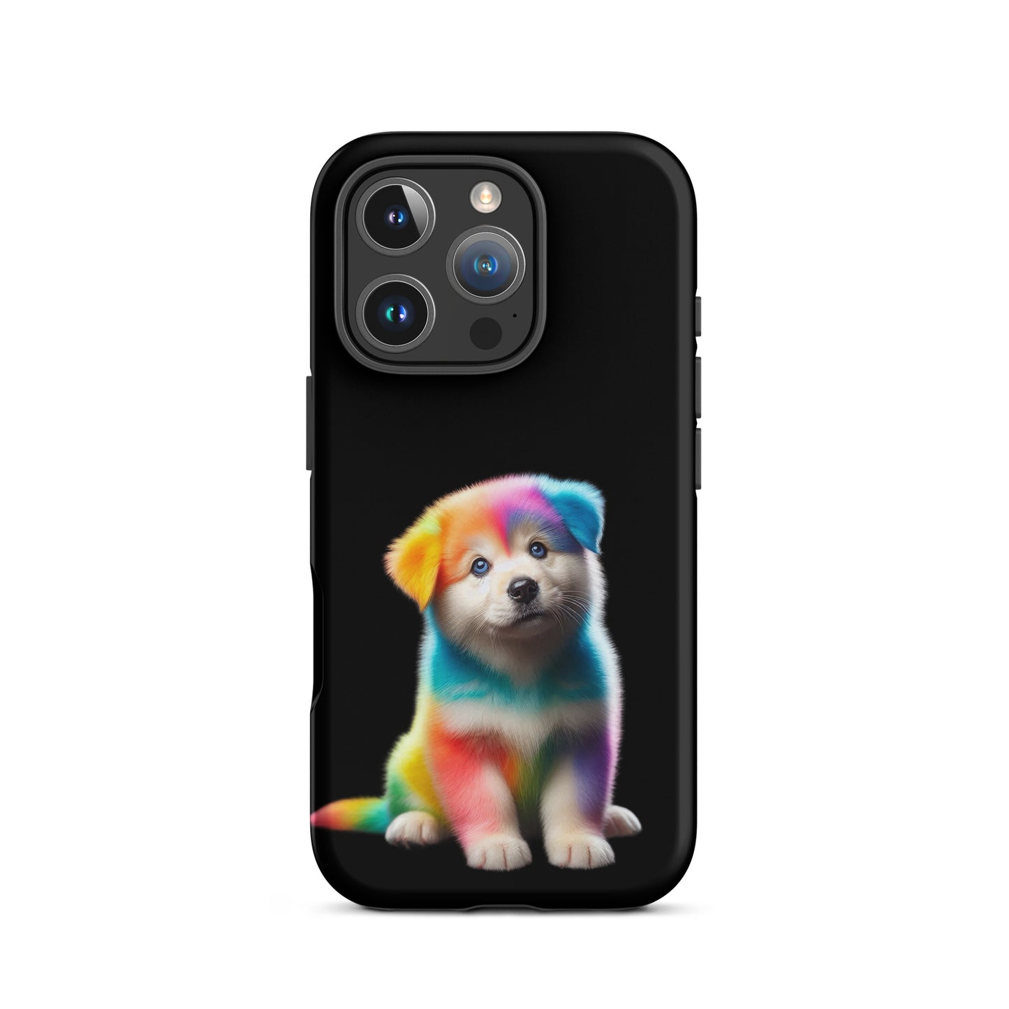 Phone Case featuring a rainbow puppy design on a black background, perfect for vibrant personality expression.