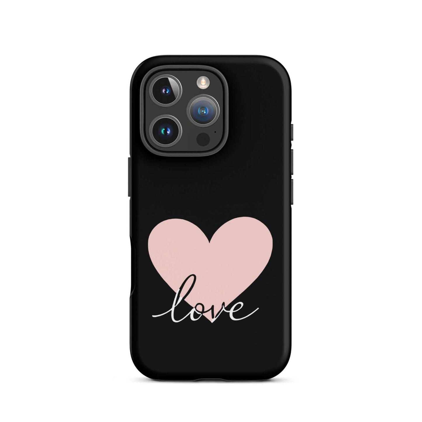 Phone Case for iPhone featuring a pink heart and script 'love' design on a black background.