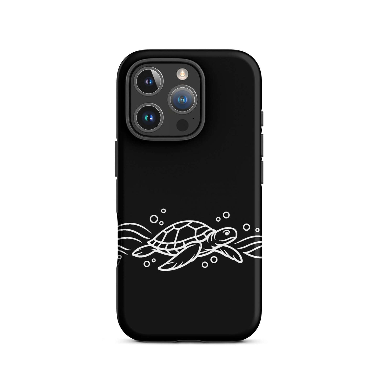 Phone Case for iPhone featuring a minimalist sea turtle design and abstract waves on a sleek black background.