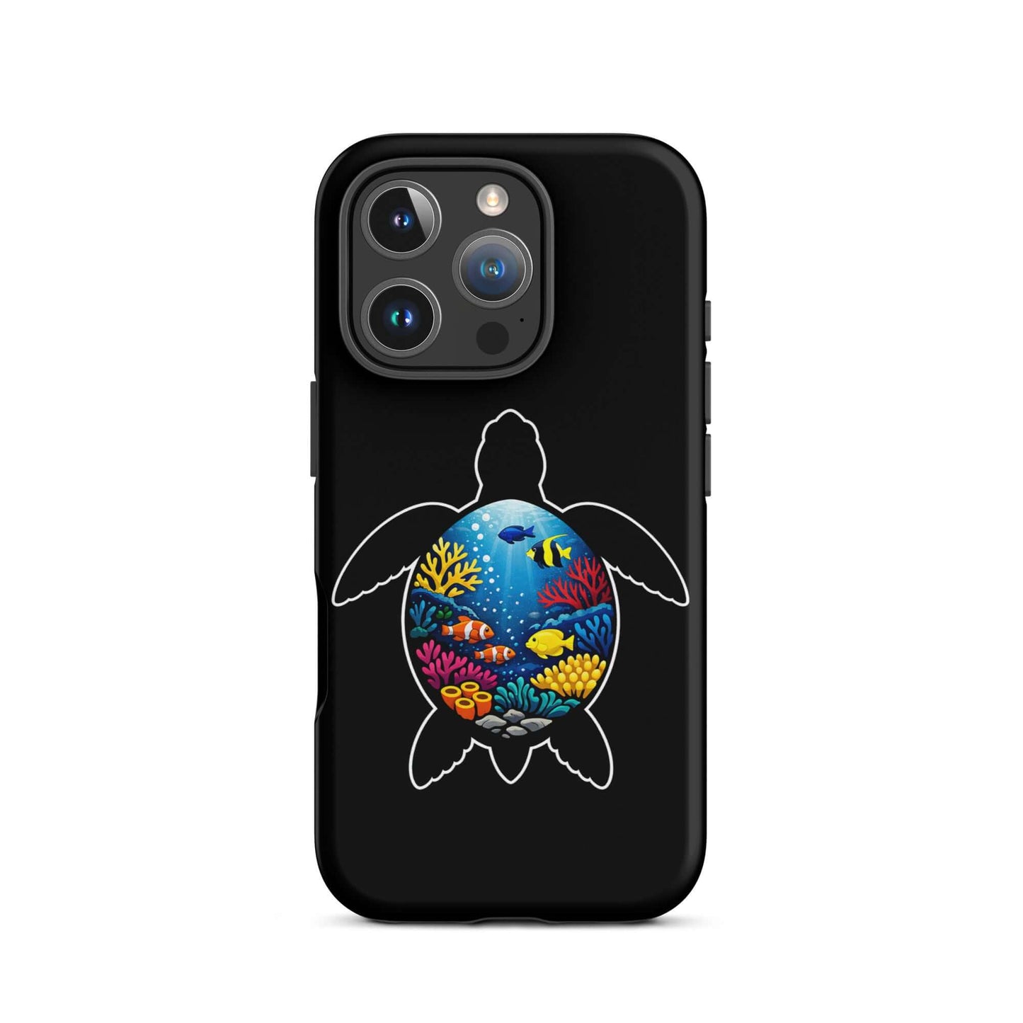 Phone Case for iPhone featuring a vibrant sea turtle reef design in bright colors on a black background.