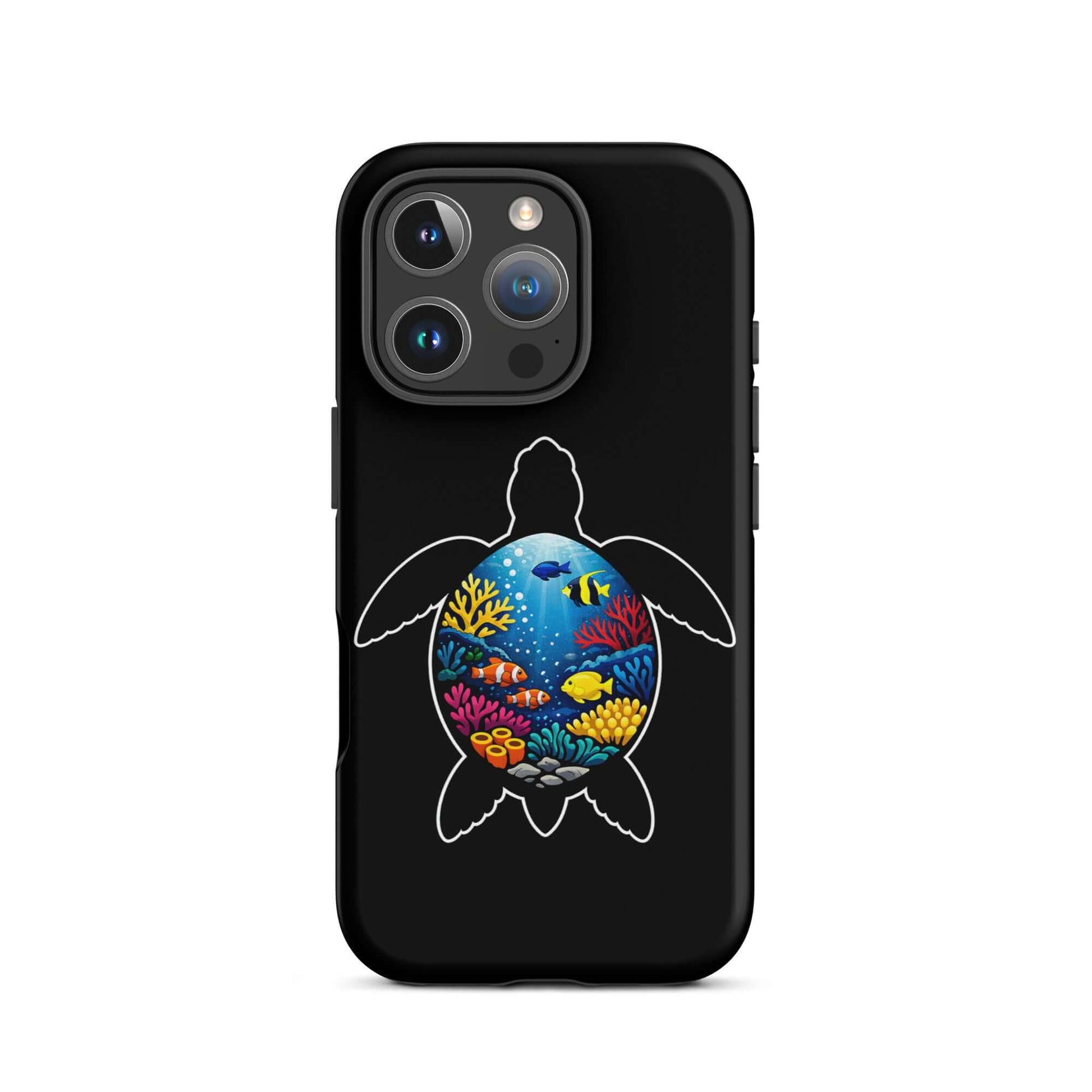 Phone Case for iPhone featuring a vibrant sea turtle reef design in bright colors on a black background.