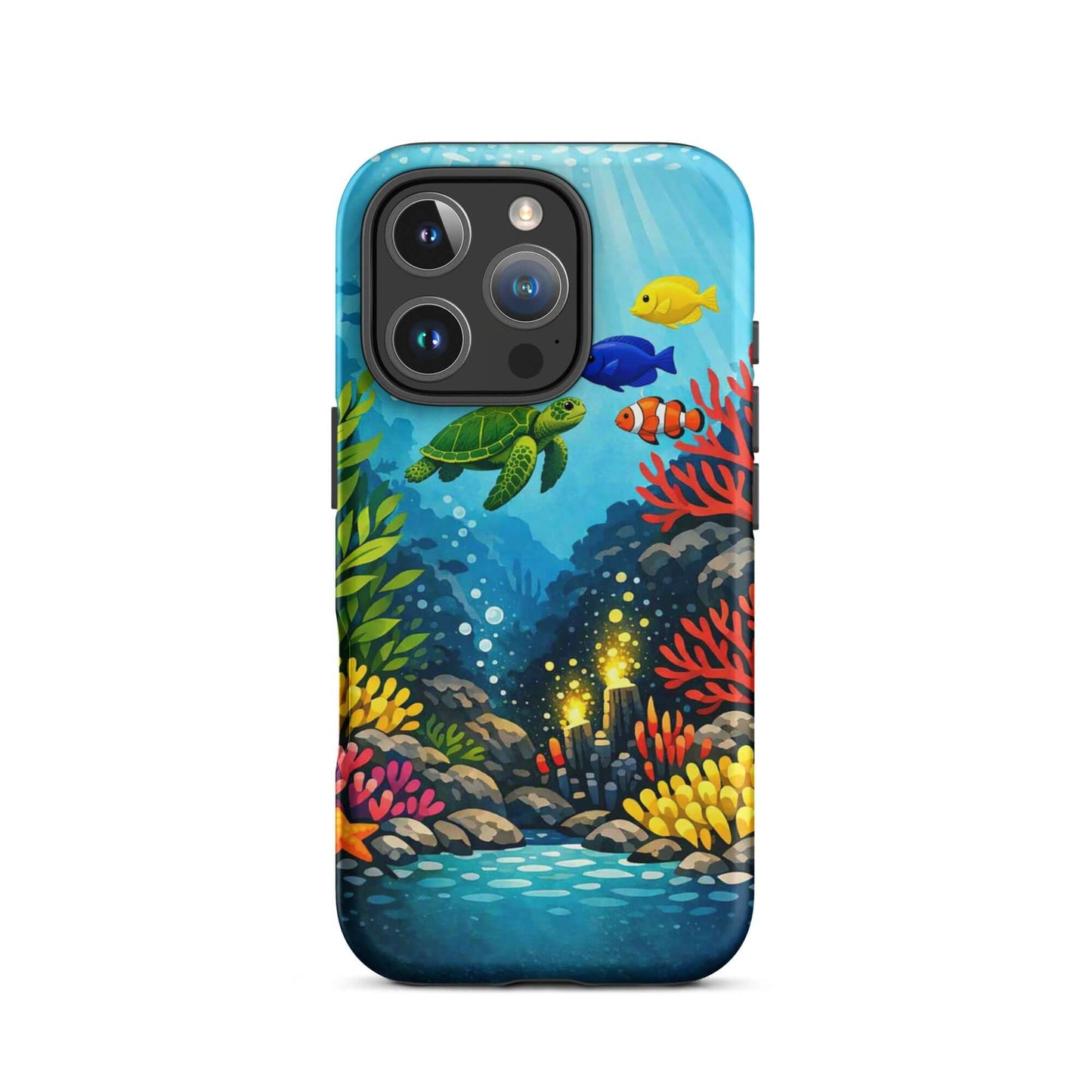 Phone case featuring vibrant sea turtle and colorful coral reef design for iPhone.