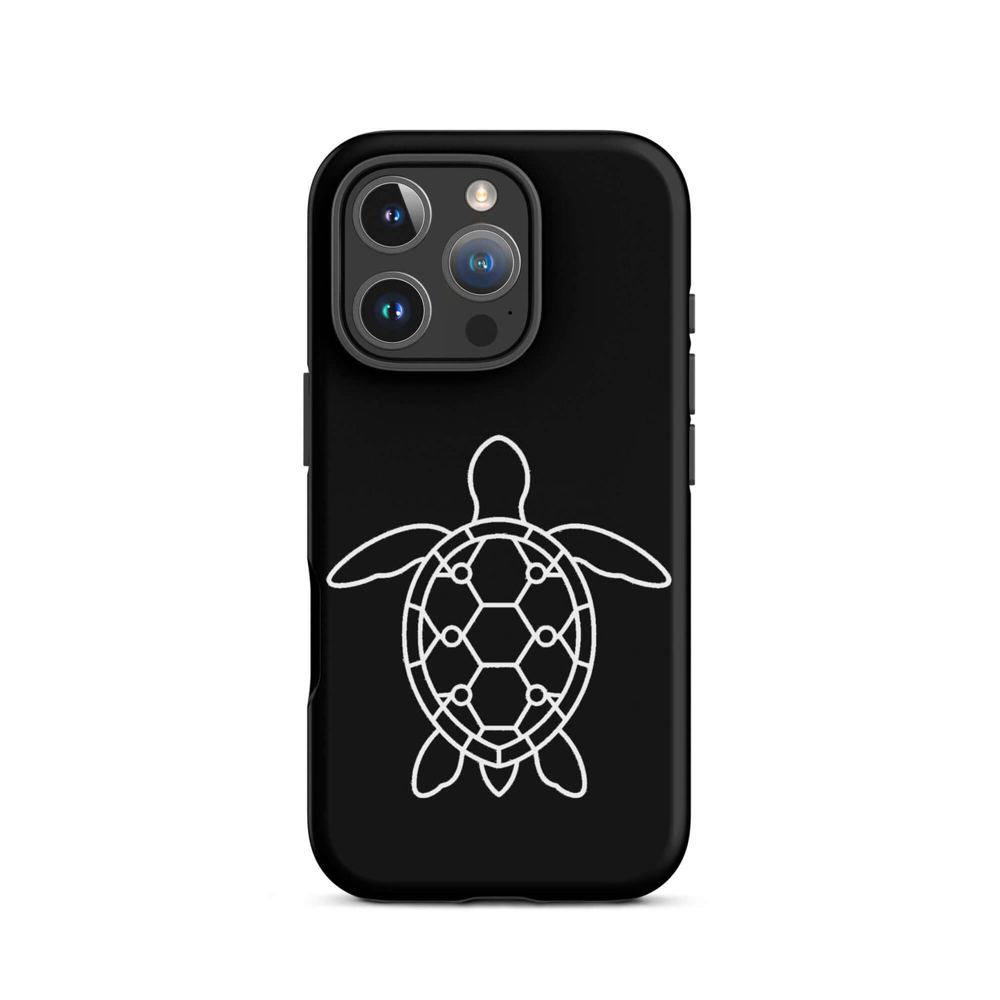 Phone case featuring a minimalist sea turtle silhouette design on a black background.