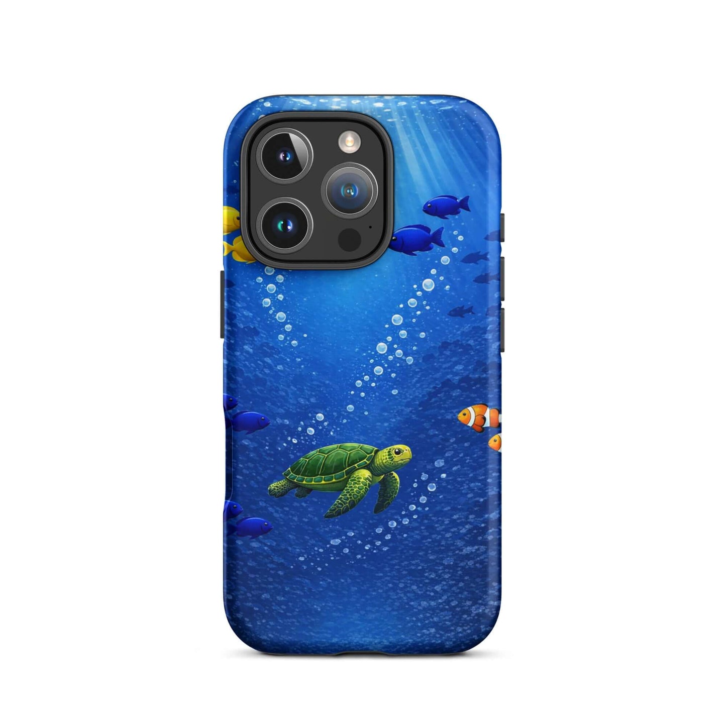 Phone Case featuring a sea turtle design amidst vibrant fish in a deep blue ocean scene.