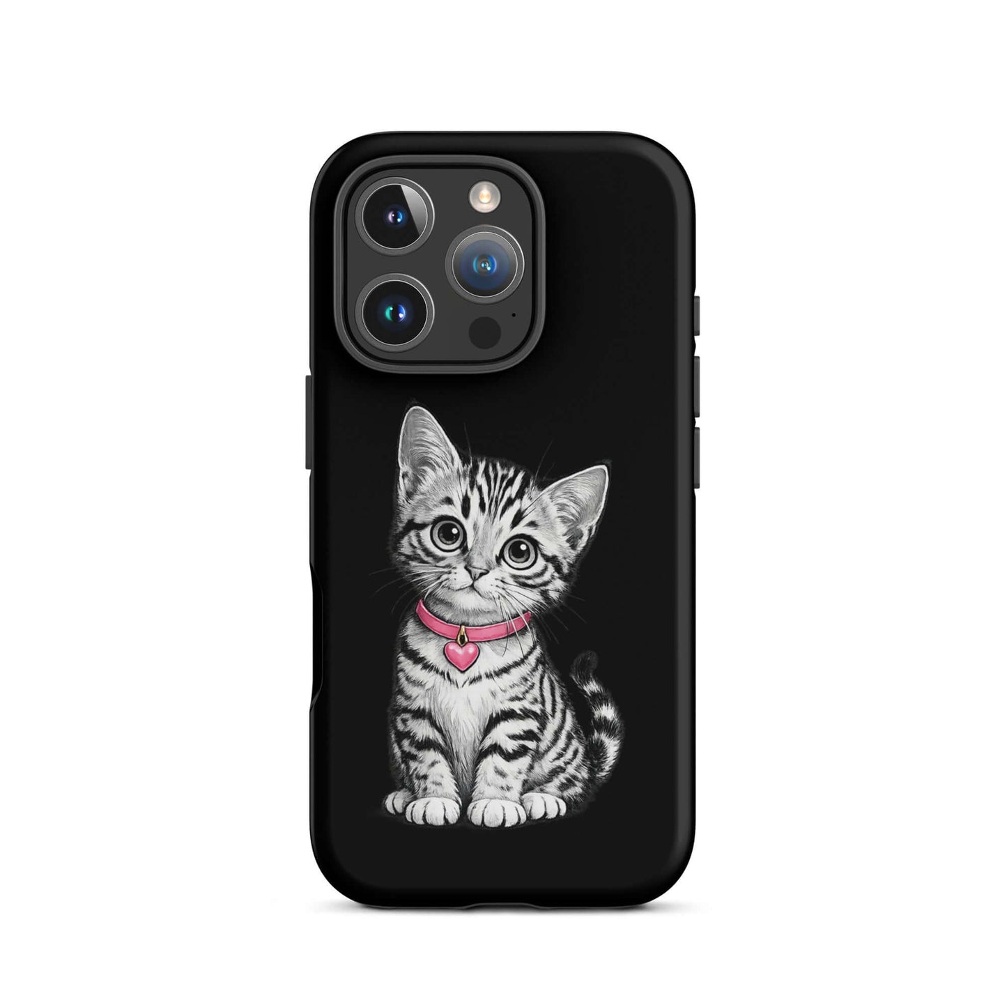 Phone Case featuring a pencil sketch kitten with pink heart charm on a black background, designed for iPhone.