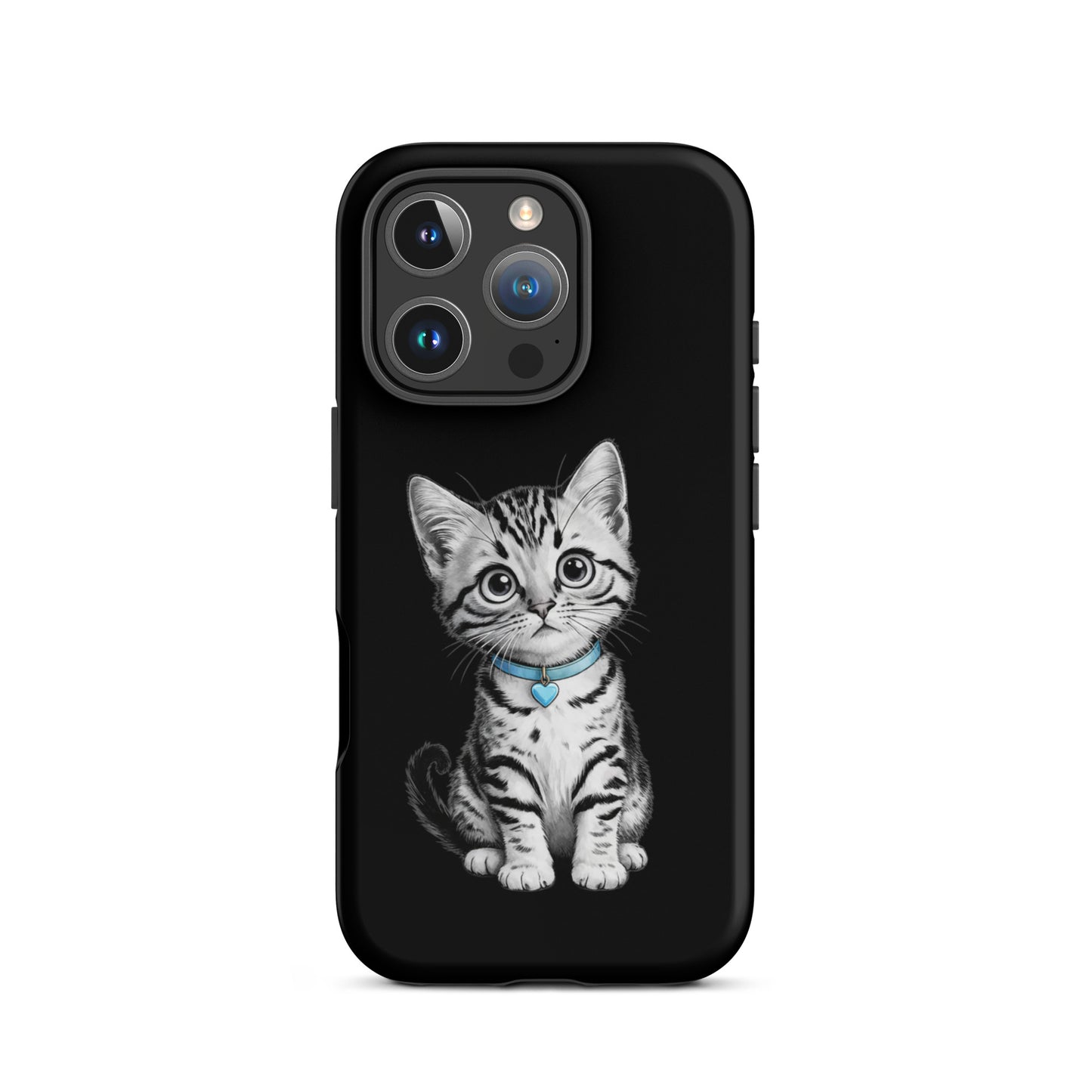 Phone Case for iPhone with kitten sketch and blue heart charm, featuring artistic black-and-white design and elegant detailing.