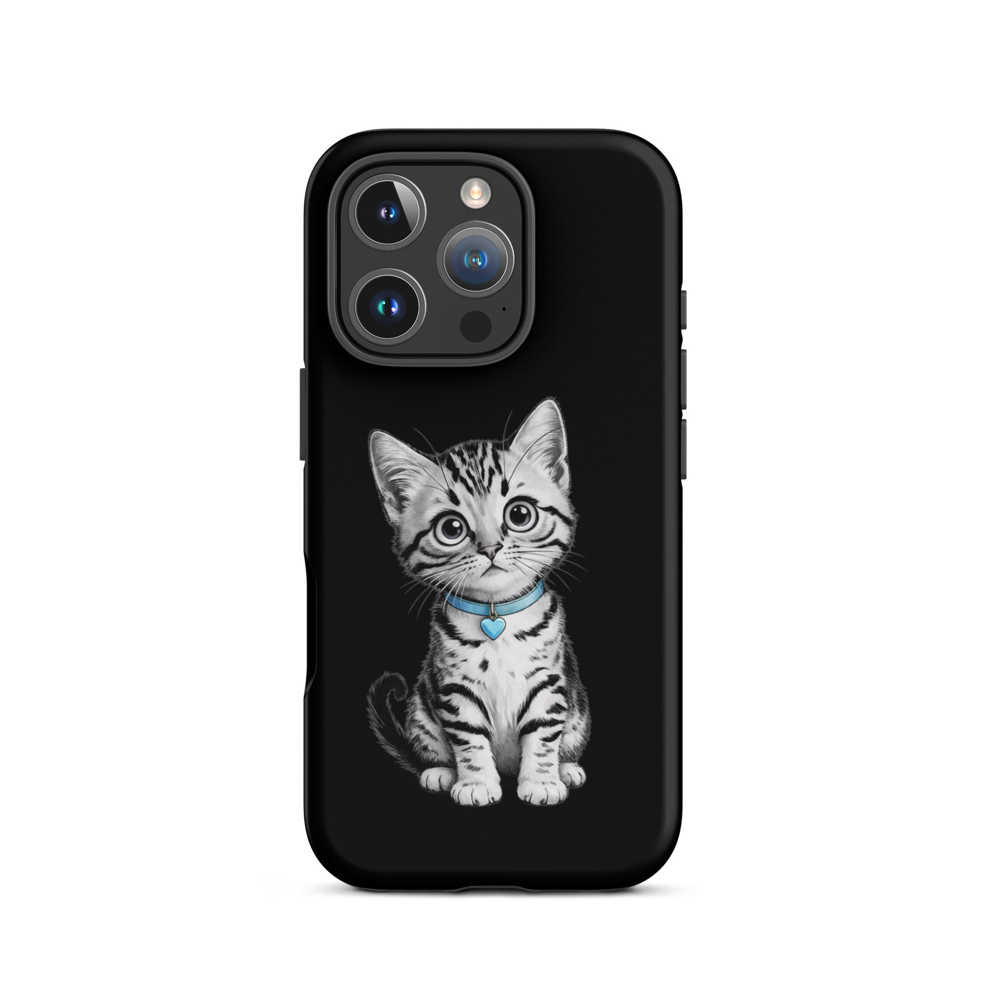 Phone Case for iPhone with kitten sketch and blue heart charm, featuring artistic black-and-white design and elegant detailing.