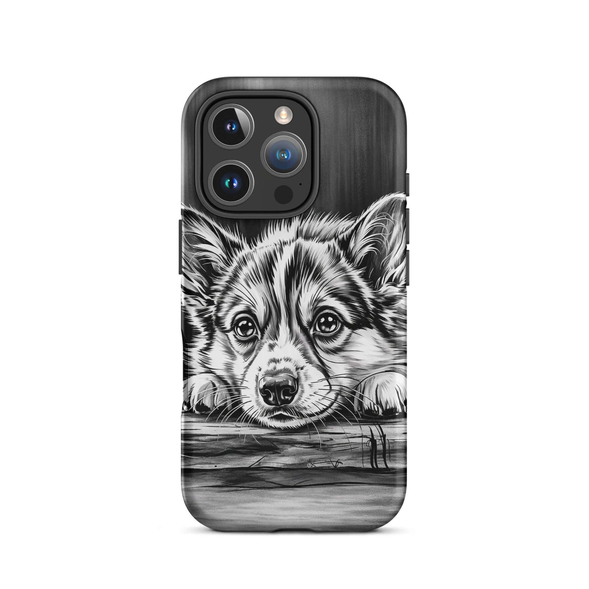 Phone Case for iPhone with elegant puppy art in black-and-white, featuring a detailed puppy illustration on wood background for stylish protection.