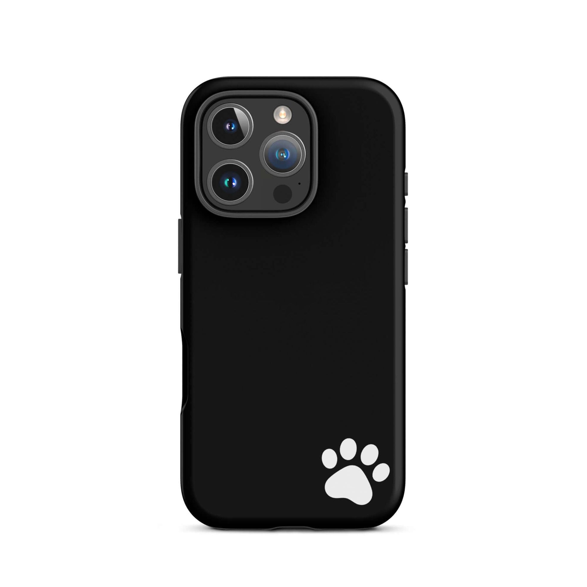 Phone Case: Black minimalist tough case with small white paw print for iPhone.