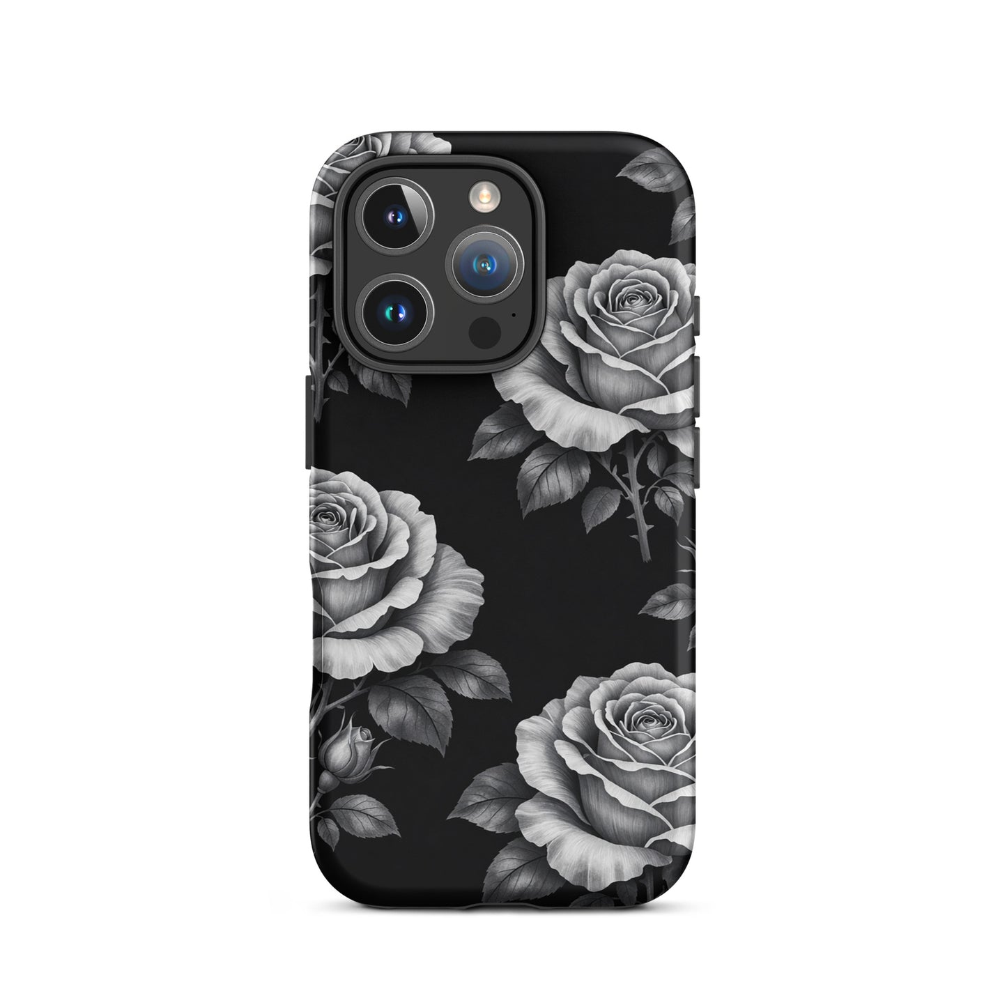 Phone Case for iPhone with rose garden design, featuring hand-sketched roses on a black background, combining elegance and durability.