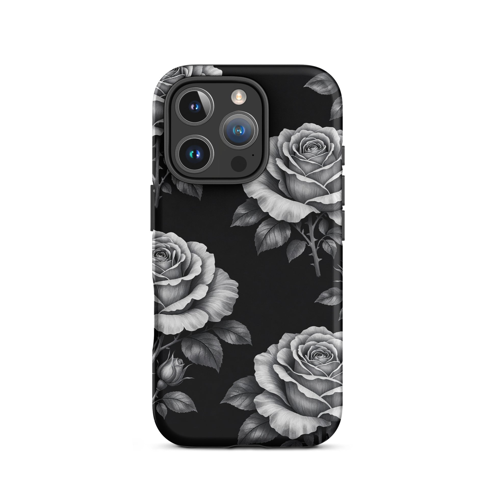 Phone Case for iPhone with rose garden design, featuring hand-sketched roses on a black background, combining elegance and durability.
