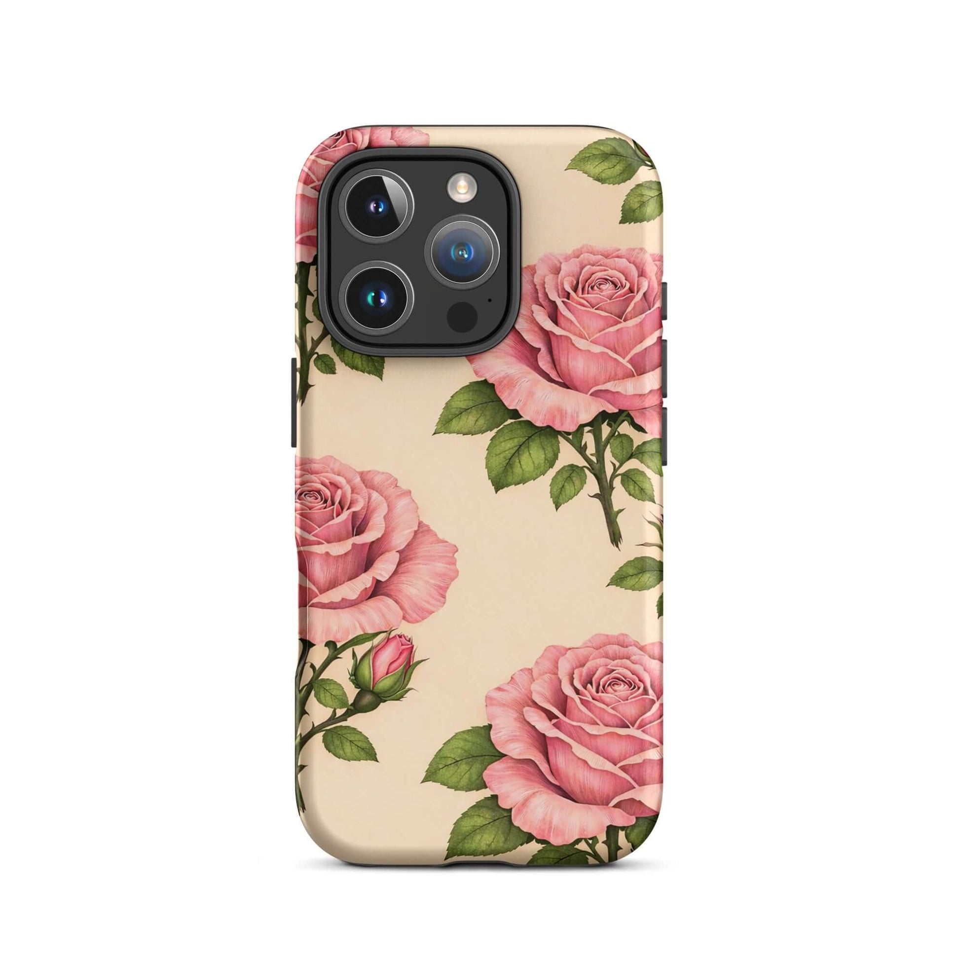 Phone Case for iPhone with pink roses and cream background, offering floral elegance and protection.