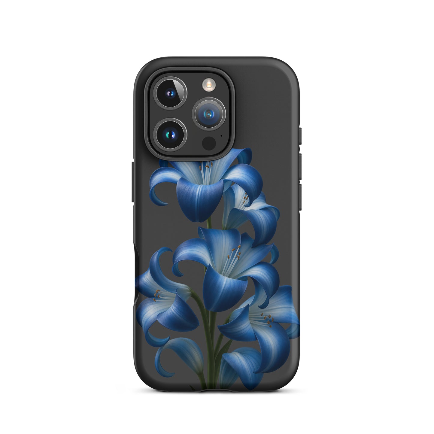Phone Case featuring blue lily bloom art with tough finish for iPhone, combining style and protection in a floral design on dark background.
