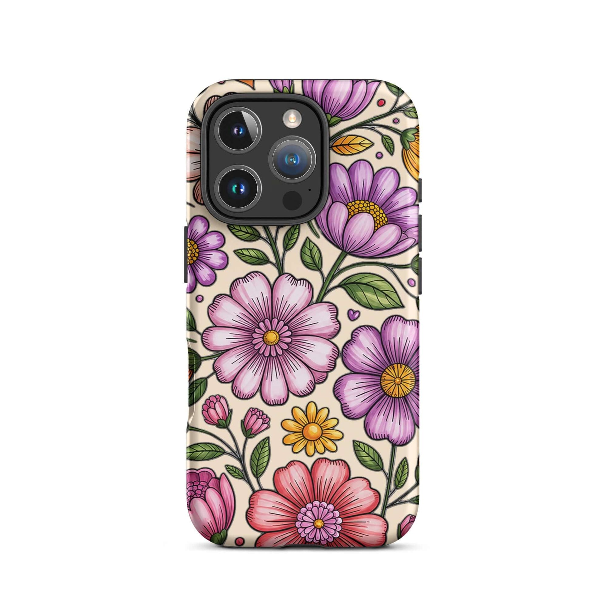 Phone Case with pastel floral design for iPhone, featuring pink, peach, lavender, and yellow flowers on a durable protective shell.