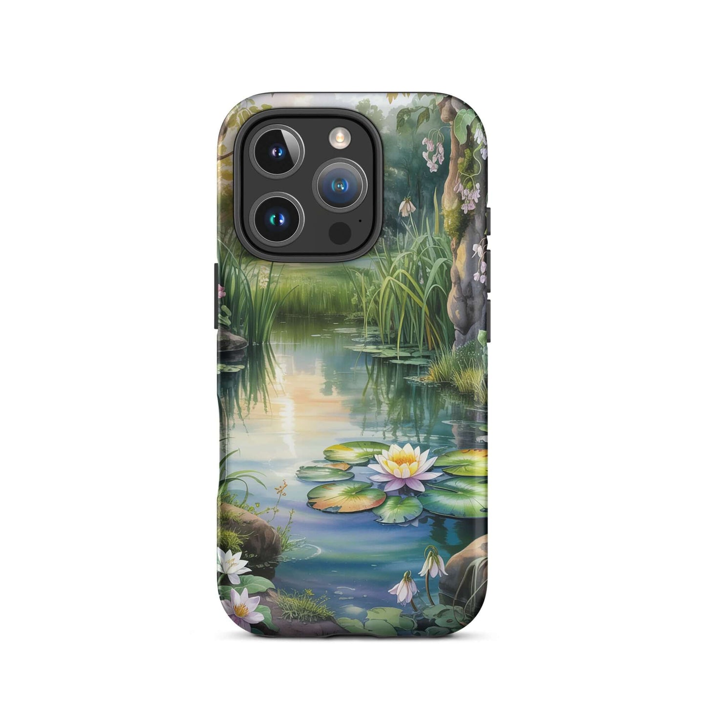 Phone Case for iPhone featuring an enchanted pond with lilies, greenery, and sunset reflections for a storybook charm.