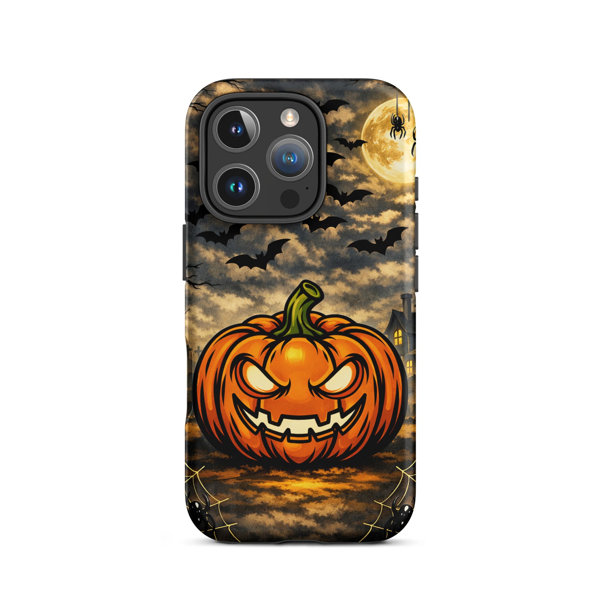 Phone Case for iPhone with haunted pumpkin, bats, and moonlit Halloween scene featuring a jack-o'-lantern and haunted house.