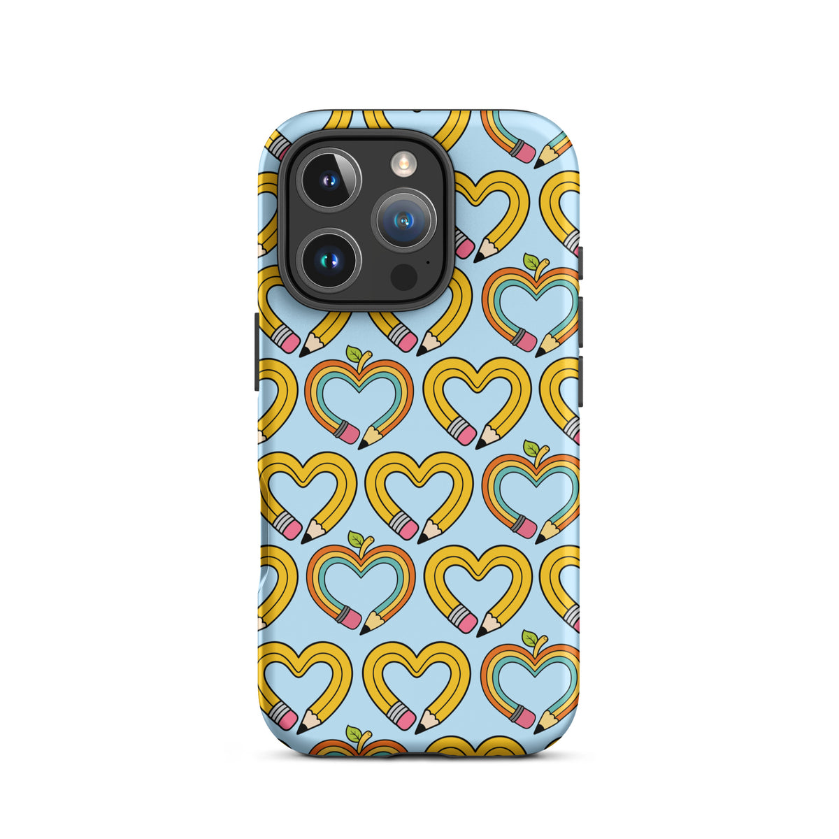 Phone Case with playful pencil-heart pattern, featuring whimsical pencil-hearts with green leaves on an iPhone.