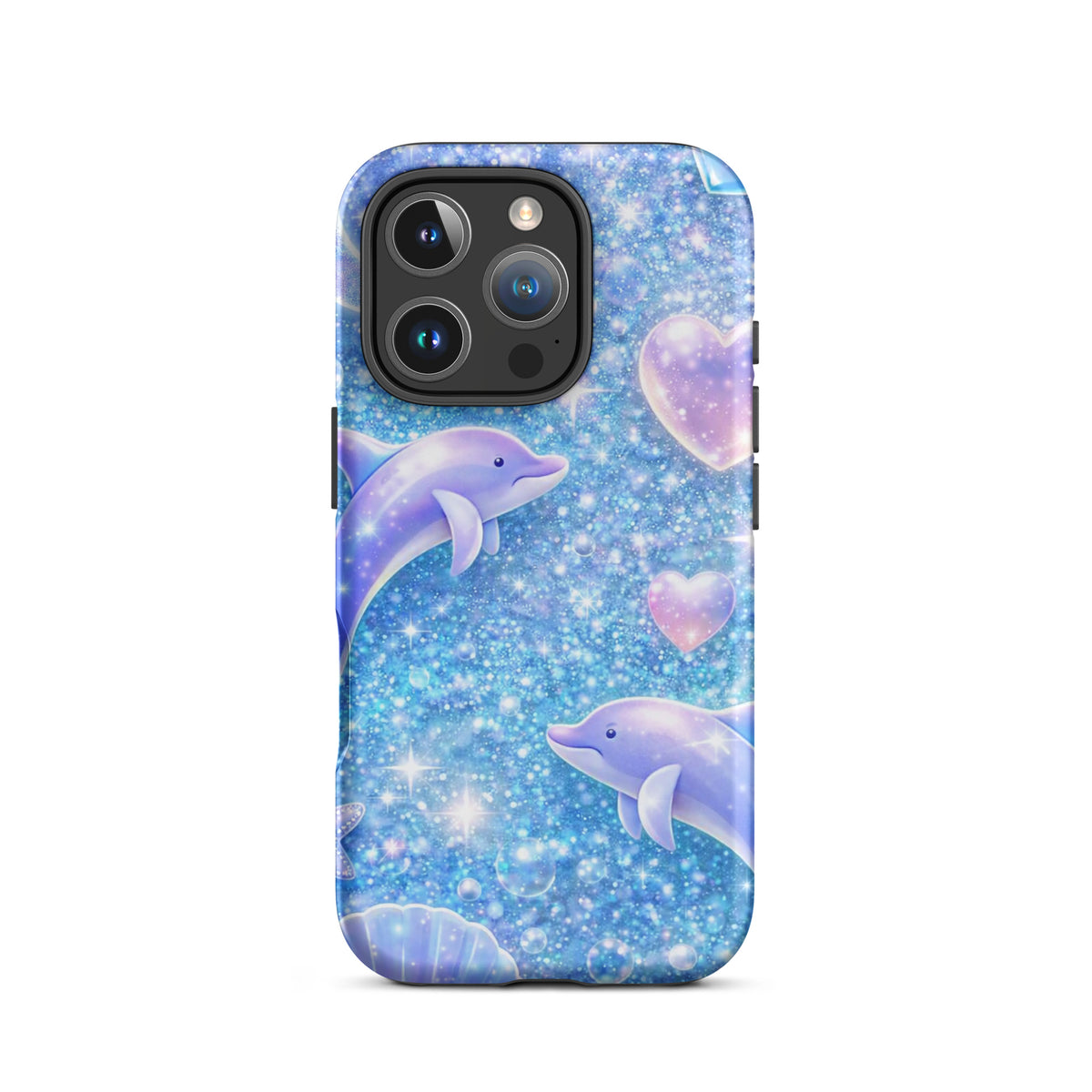 Phone Case with ocean glitter, dolphins, pastel moons and tiny shells, perfect for iPhone with a dreamy underwater night sky design.
