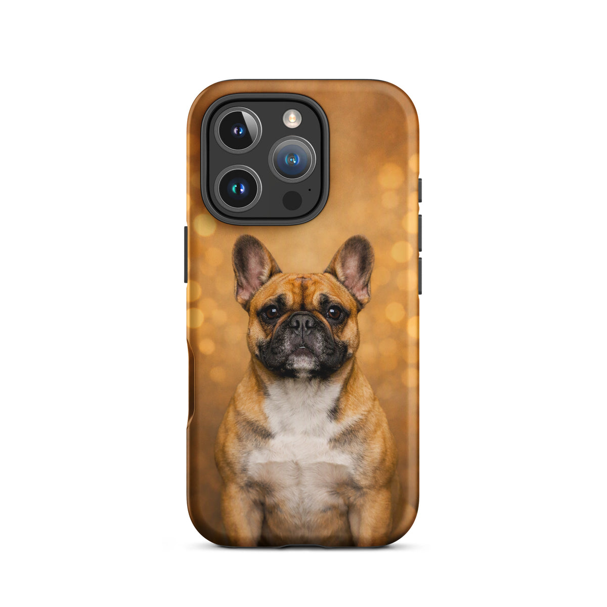 Phone Case featuring French Bulldog portrait with golden bokeh background, perfect for dog lovers seeking charm and warmth.